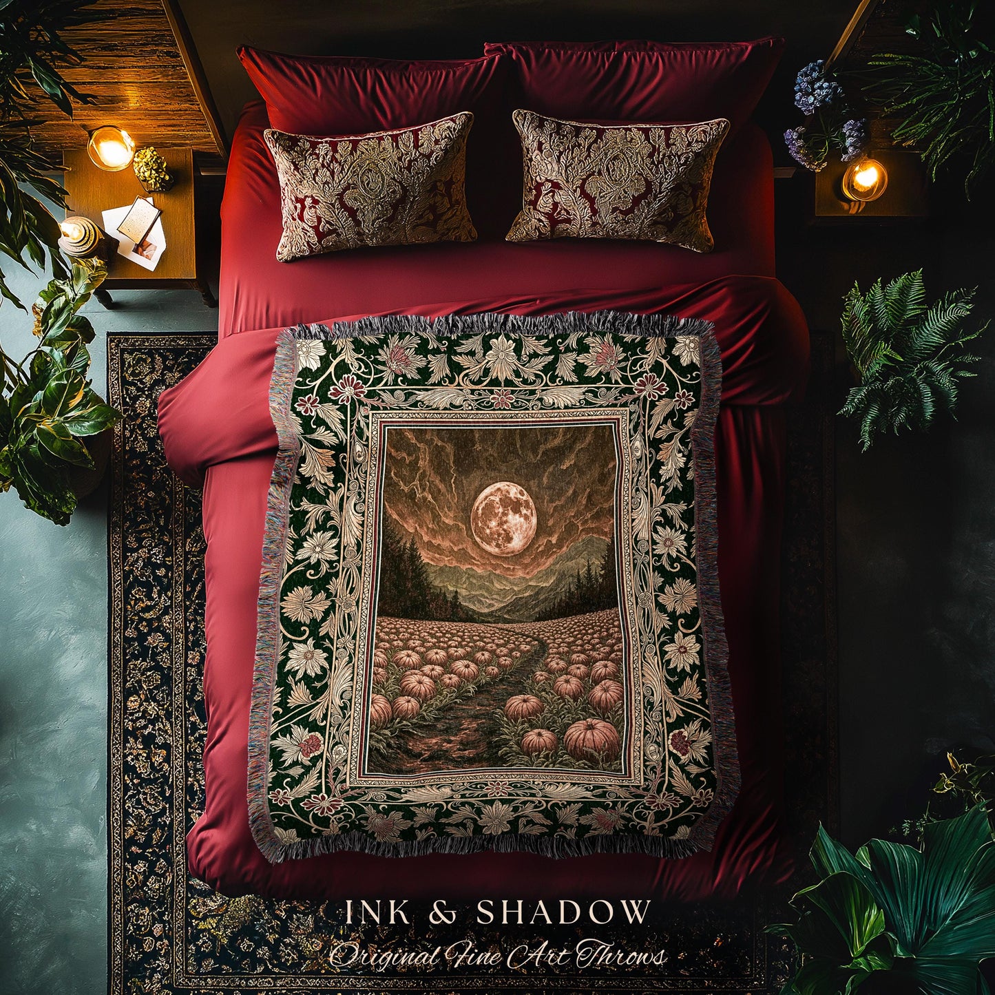 Amber Sunset Cozy Fall Throw | Dark Academia Autumn Aesthetic Bookish Blanket Spooky Season Vibes Pumpkin Crowcore Rustic Woven Tapestry |