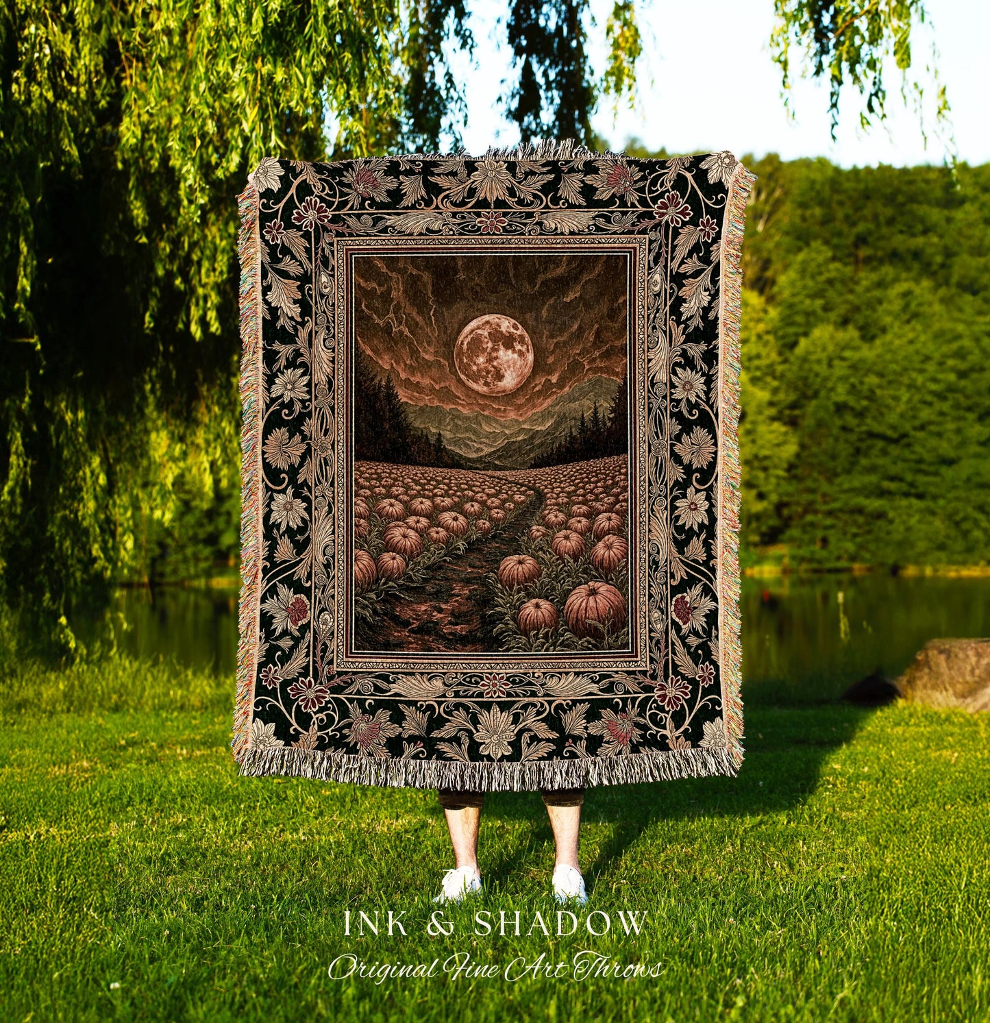 Amber Sunset Cozy Fall Throw | Dark Academia Autumn Aesthetic Bookish Blanket Spooky Season Vibes Pumpkin Crowcore Rustic Woven Tapestry |