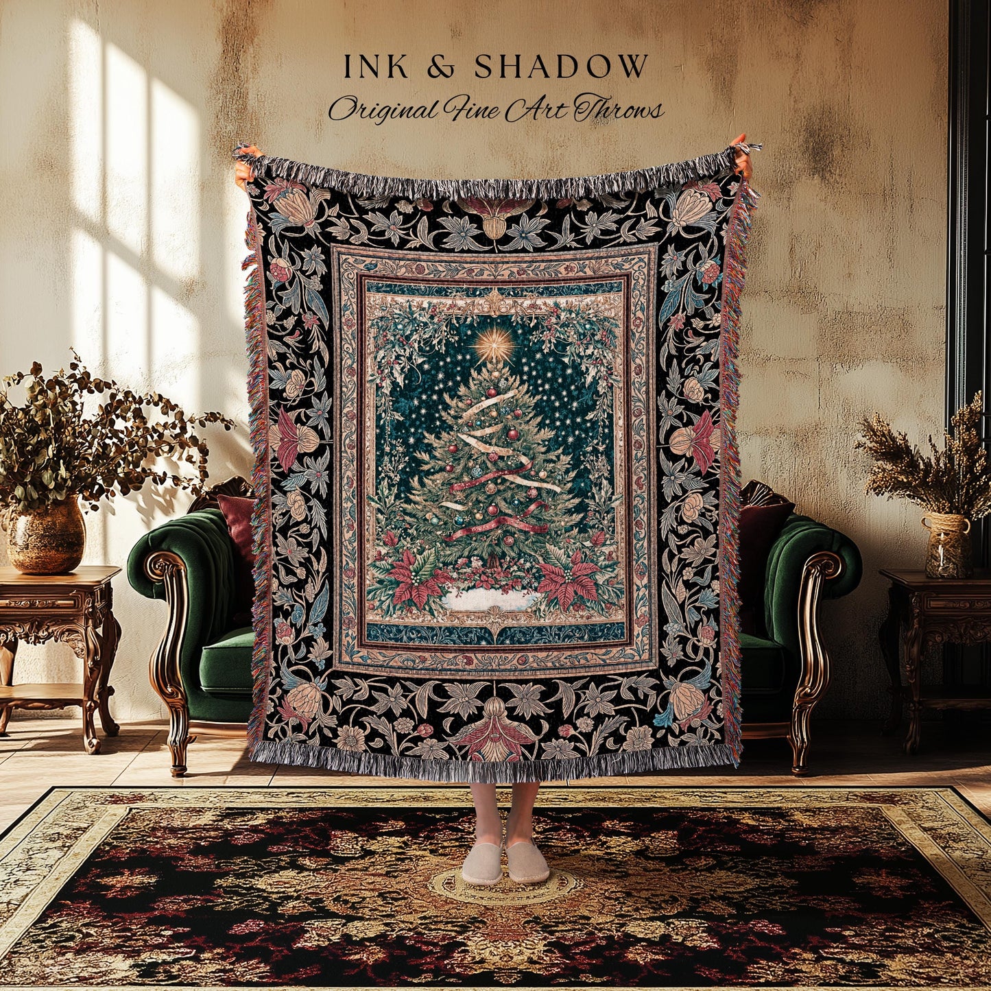 Gothic Floral Xmas Tree Blanket | Festive Baroque Style Woven Tapestry Vintage Holiday Decor Cozy Winter Aesthetic Heirloom Rustic Christmas