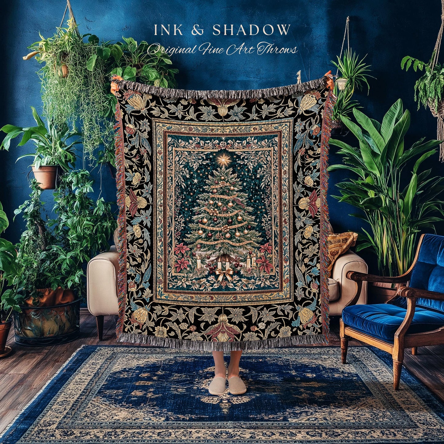 Holy Night Christmas Wall Tapestry | Woven Tree Blanket Vintage Winter Decor Retro Holiday Accent Cozy Heirloom Cottagecore Yuletide Throw