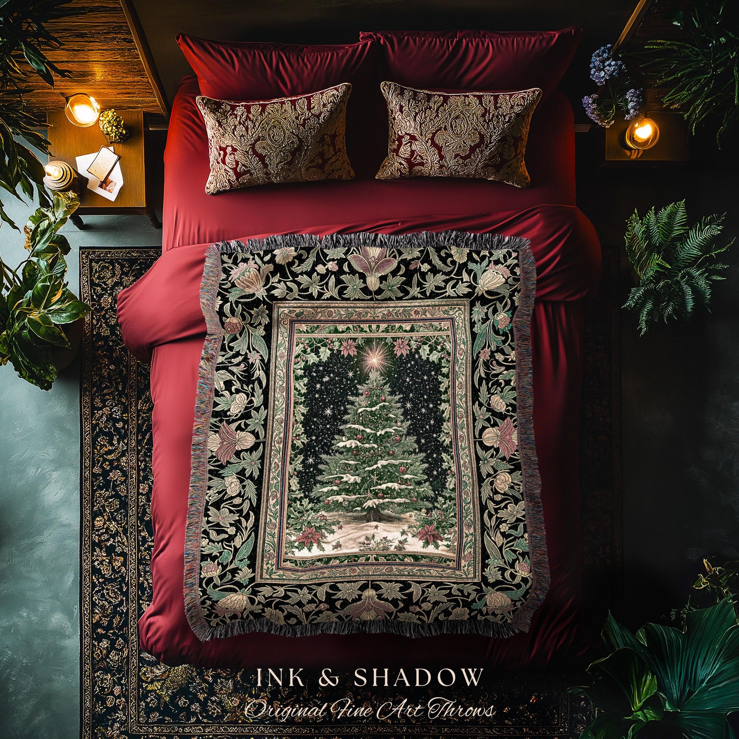 Sage Green Xmas Tree Throw Blanket | Cozy Winter Woven Tapestry Victorian Style Festive Decor Poinsettia Cottagecore Christmas Aesthetic |