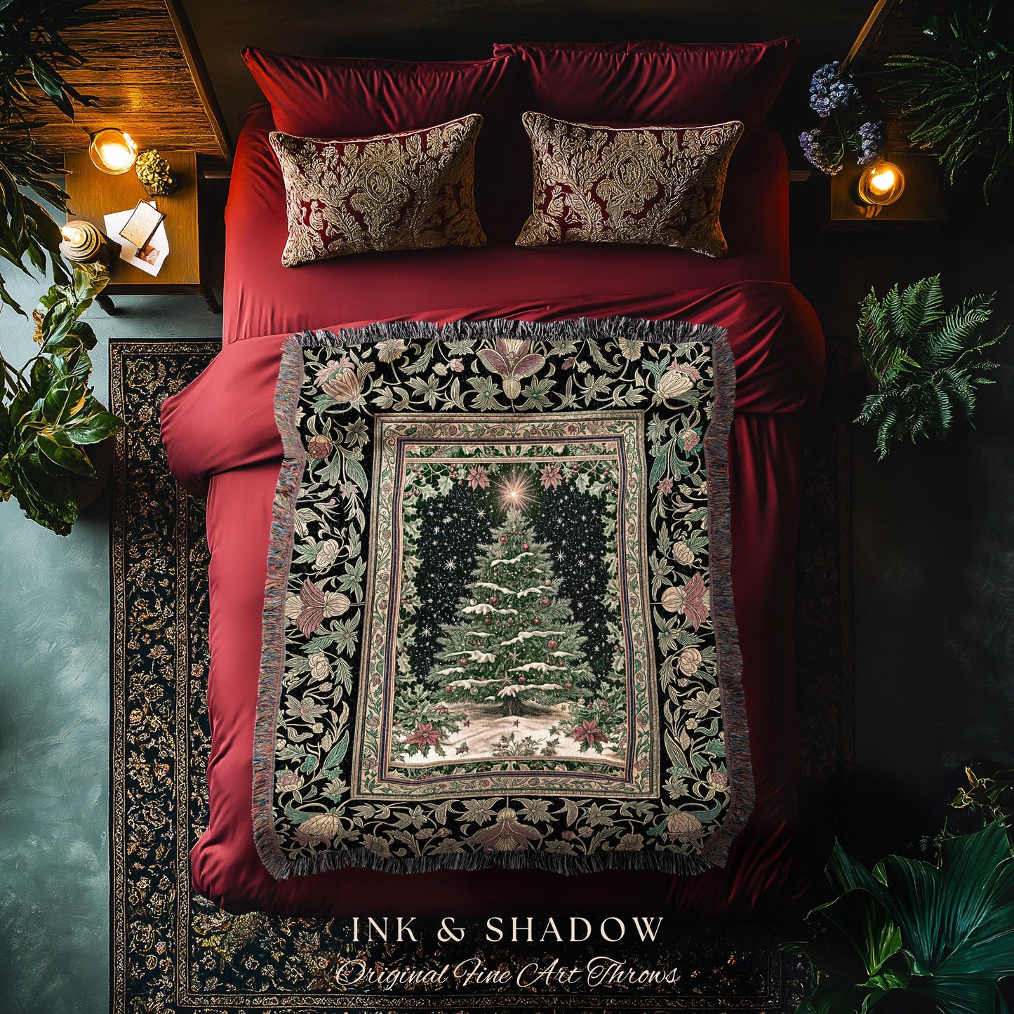 Sage Green Xmas Tree Throw Blanket | Cozy Winter Woven Tapestry Victorian Style Festive Decor Poinsettia Cottagecore Christmas Aesthetic |