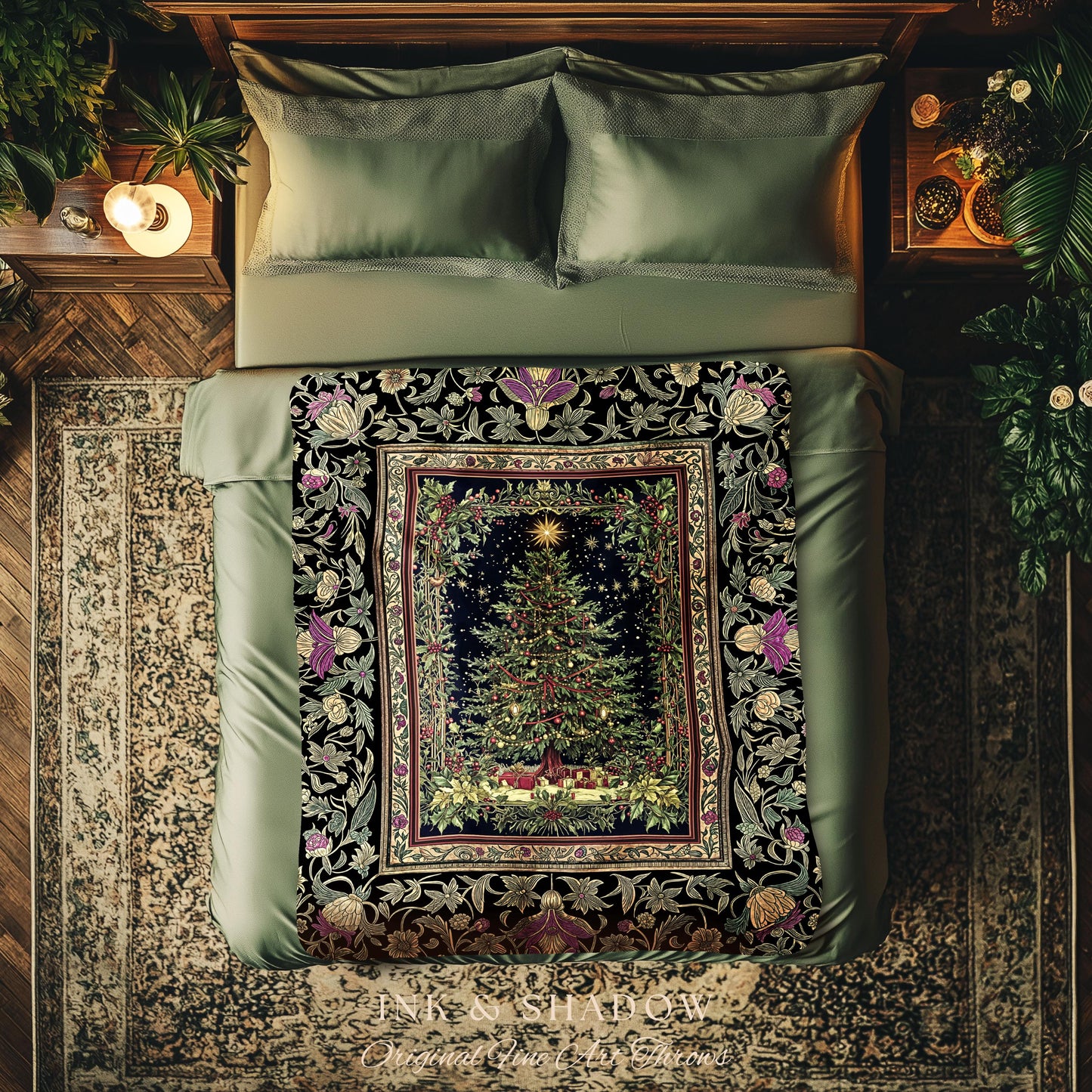 Retro Christmas Tree Ornate Tapestry | Classic Holiday Blanket Whimsical Holy Night Decor Vintage Floral Cozy Cottagecore Winter Aesthetic |