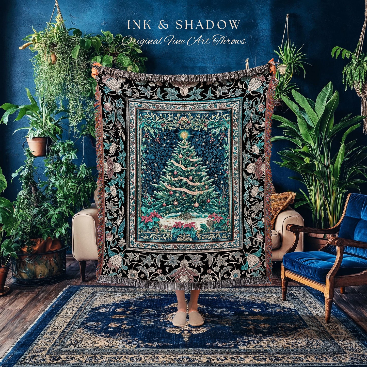 Moody Winter Christmas Tree Blanket | Snowy Aesthetic Holiday Woven Tapestry Cozy Decor Vintage Floral Cottagecore Festive Throw Rustic Gift