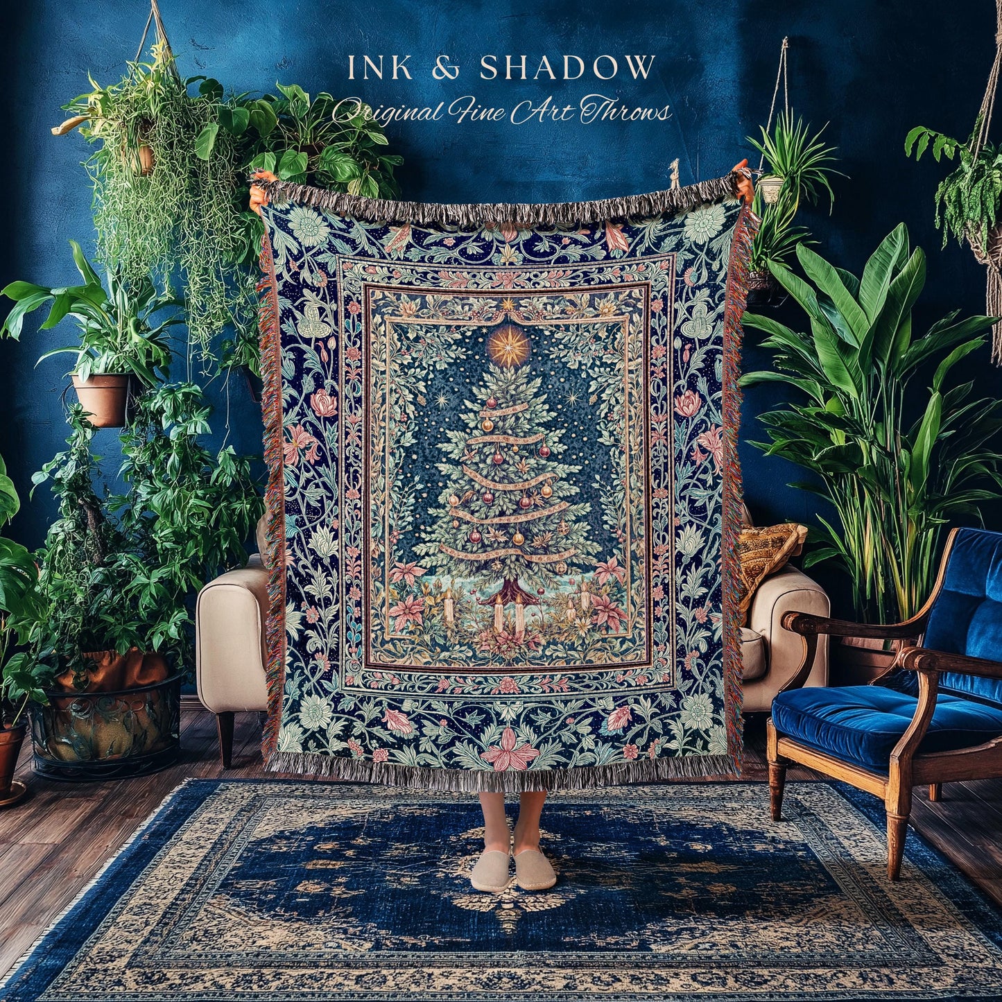 Maximalist Tree Holiday Throw Blanket | Cozy Winter Accent Cottagecore Bedspread Festive Decoration Rustic Woven Blanket Vintage Warm Decor