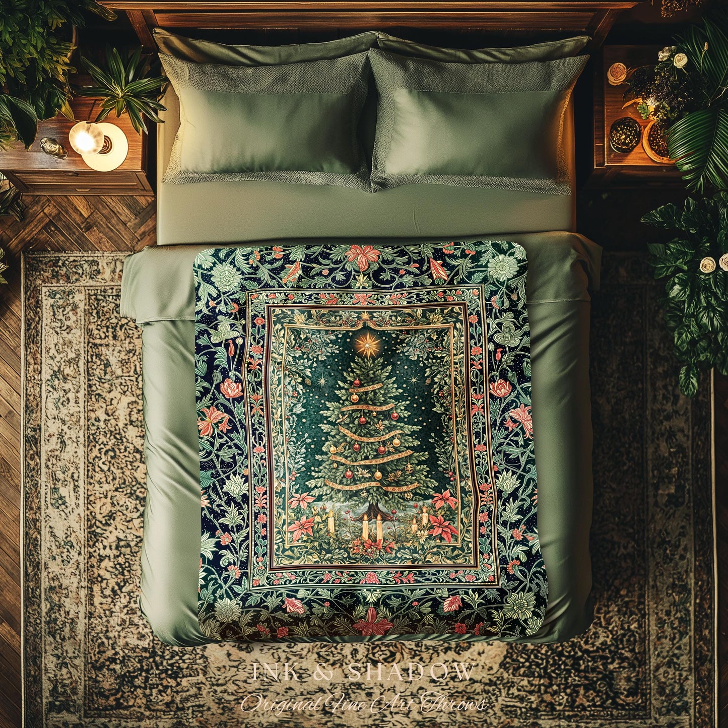 Holiday Lights Xmas Tree Blanket | Cozy Winter Accent Festive Throw Cottagecore Bedspread Rustic Aesthetic Vintage Decoration Warm Colors |