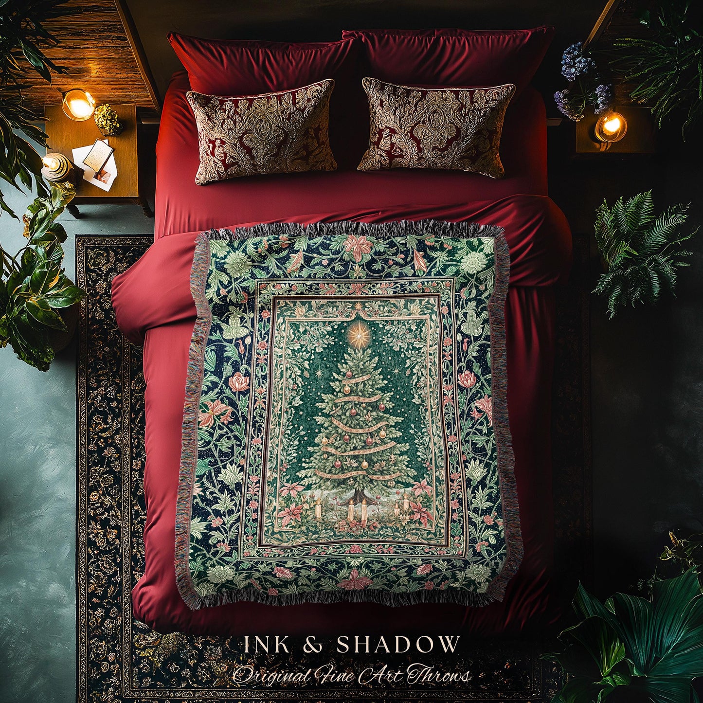Holiday Lights Xmas Tree Blanket | Cozy Winter Accent Festive Throw Cottagecore Bedspread Rustic Aesthetic Vintage Decoration Warm Colors |
