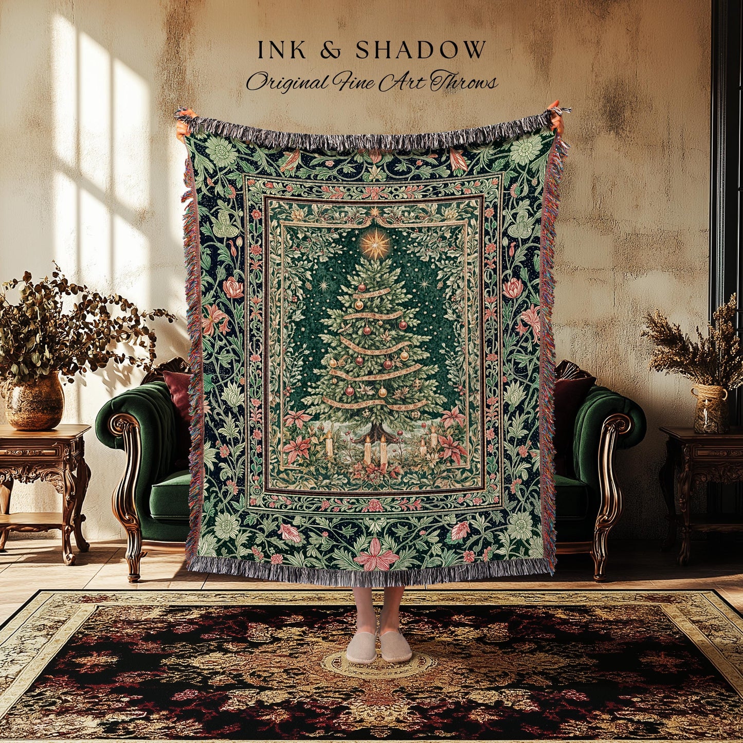 Holiday Lights Xmas Tree Blanket | Cozy Winter Accent Festive Throw Cottagecore Bedspread Rustic Aesthetic Vintage Decoration Warm Colors |