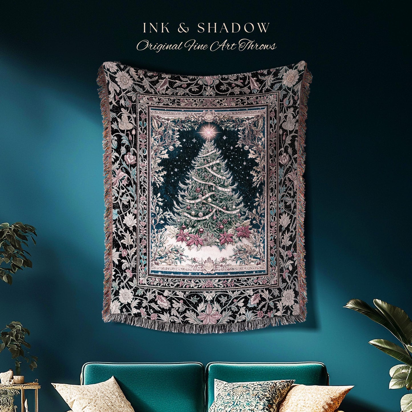 Snowy Holiday Tree Throw Blanket | Cozy Cottagecore Bedspread Winter Xmas Throw Festive Decor Vintage Holiday Accent Rustic Style Tapestry |