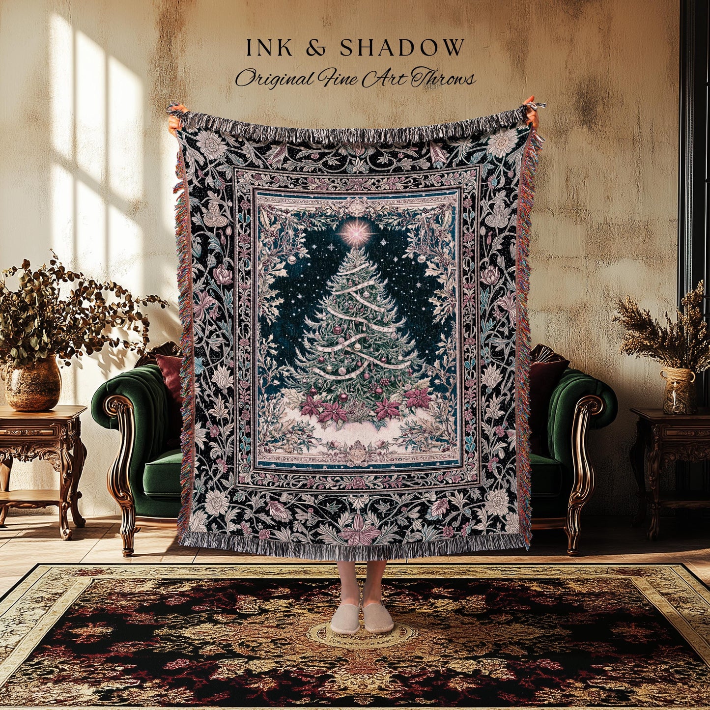 Snowy Holiday Tree Throw Blanket | Cozy Cottagecore Bedspread Winter Xmas Throw Festive Decor Vintage Holiday Accent Rustic Style Tapestry |