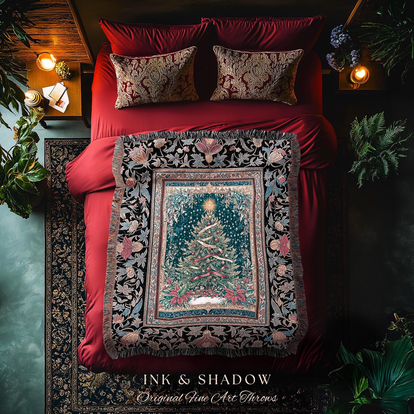 Gothic Floral Xmas Tree Blanket | Festive Baroque Style Woven Tapestry Vintage Holiday Decor Cozy Winter Aesthetic Heirloom Rustic Christmas