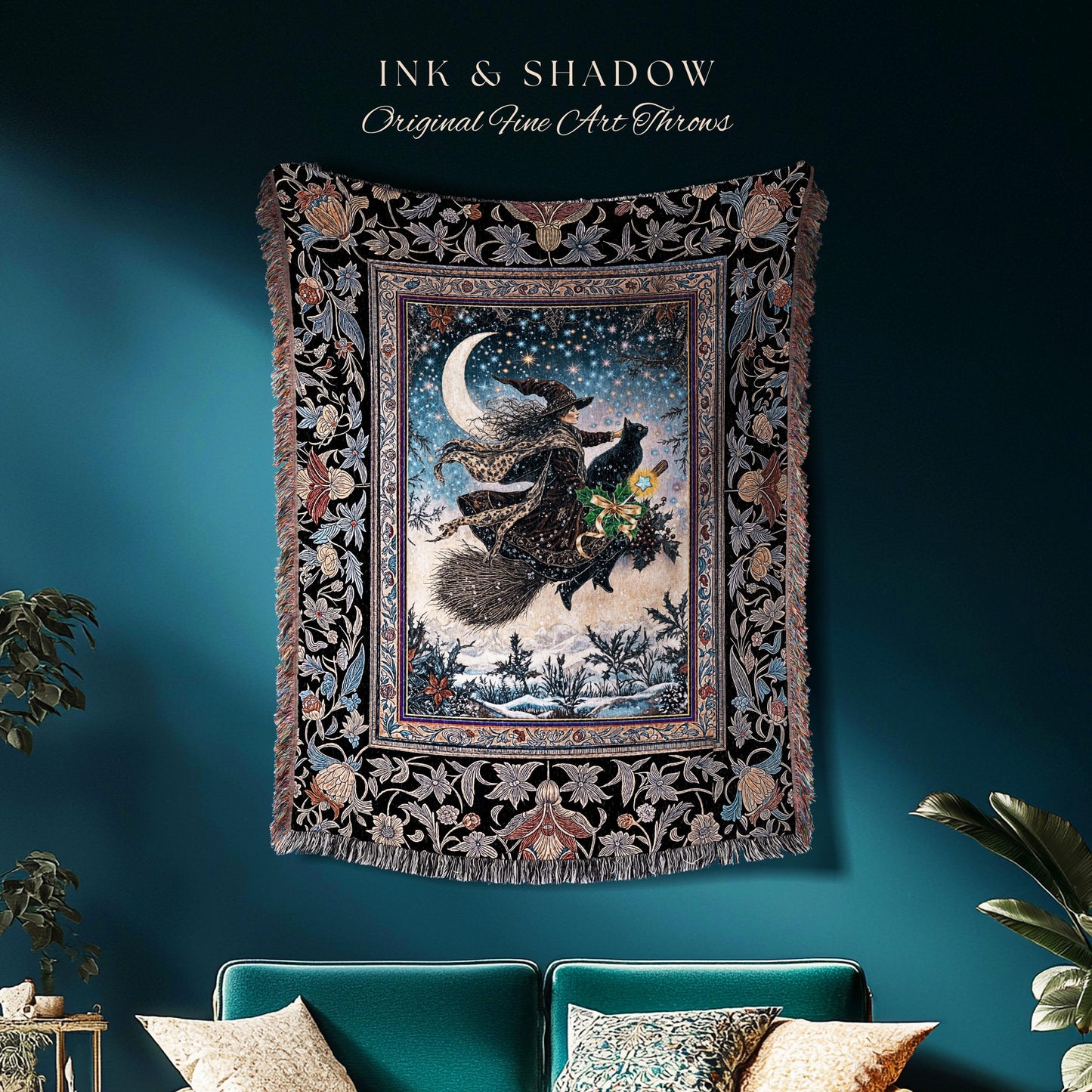 Magic Moonlit Witch Woven Tapestry | Ethereal Witchy Halloween Throw Blanket Nostalgic Aesthetic Broomstick Black Cat Celestial Home Decor