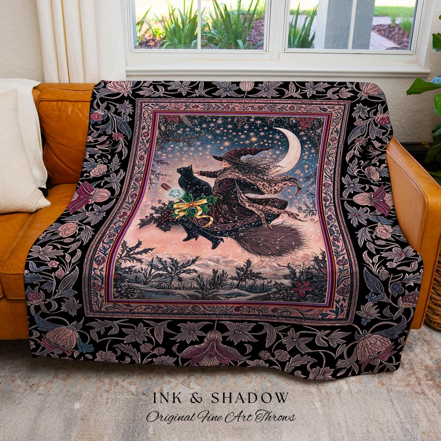 Lilac Skies Ethereal Witch Cozy Throw | Whimsigoth Decor Pink Starlight Tapestry Vintage Witch Vibes Mystical Aesthetic Cottagewitch Style