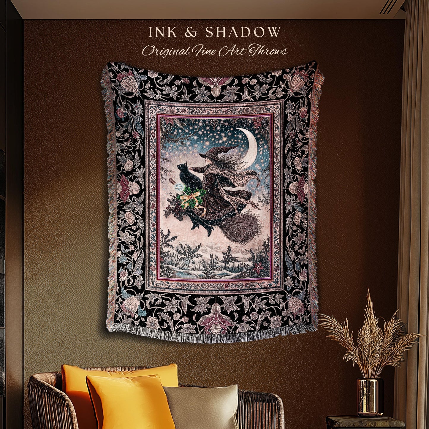 Lilac Skies Ethereal Witch Cozy Throw | Whimsigoth Decor Pink Starlight Tapestry Vintage Witch Vibes Mystical Aesthetic Cottagewitch Style
