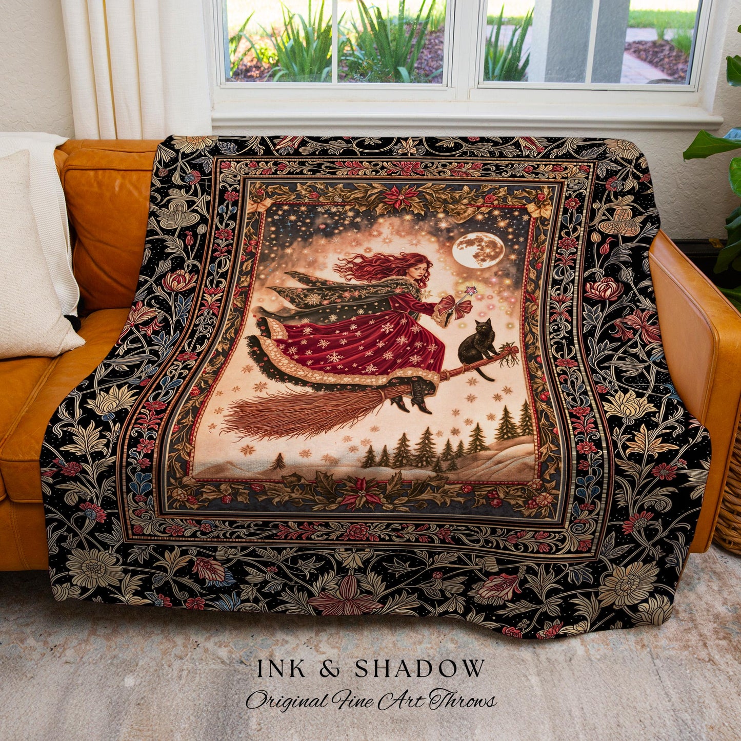Mystical Black Cat Witch Tapestry | Fairytale Decor Gothic Cottagecore Broomstick Halloween Whimsy Gothic Maximalist Aesthetic Throw Rustic