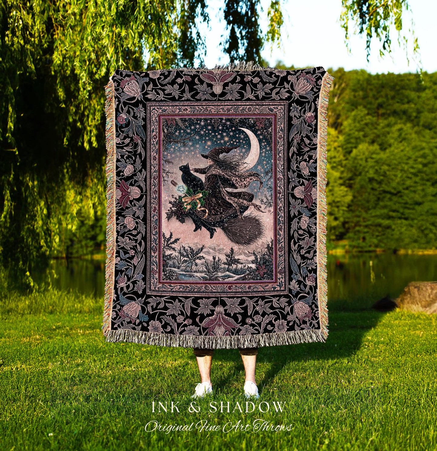 Lilac Skies Ethereal Witch Cozy Throw | Whimsigoth Decor Pink Starlight Tapestry Vintage Witch Vibes Mystical Aesthetic Cottagewitch Style