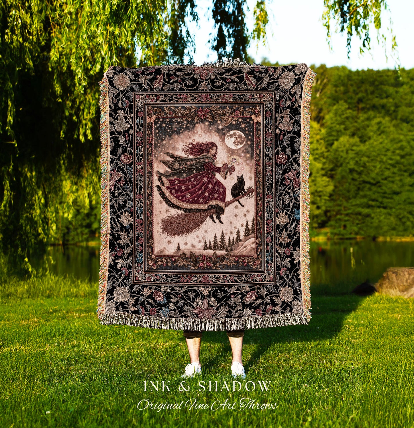 Mystical Black Cat Witch Tapestry | Fairytale Decor Gothic Cottagecore Broomstick Halloween Whimsy Gothic Maximalist Aesthetic Throw Rustic