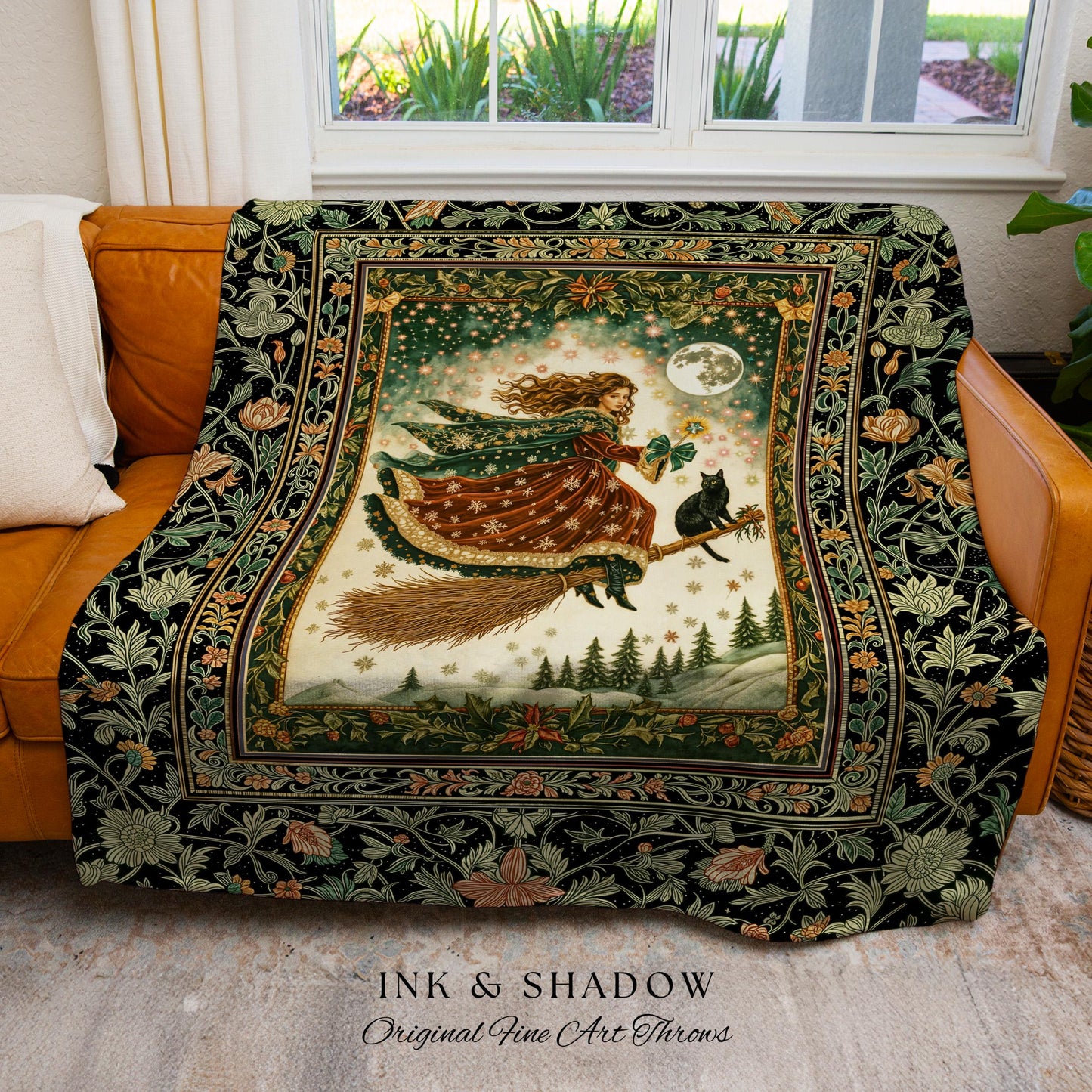 Holiday Witch Black Cat Blanket | Nostalgic Halloween Enchanted Cottagecore Decor Mystic Aesthetic Woven Wall Tapestry Gothic Elegance Throw