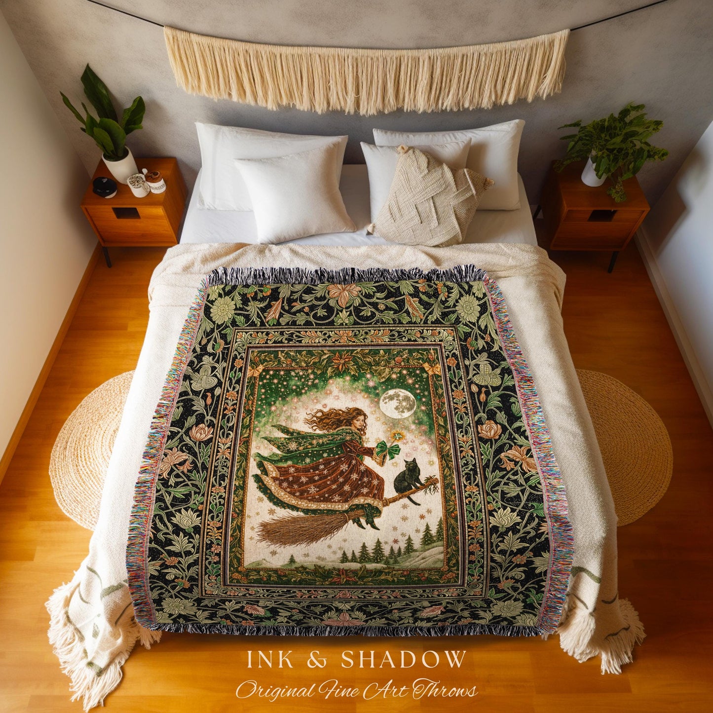 Holiday Witch Black Cat Blanket | Nostalgic Halloween Enchanted Cottagecore Decor Mystic Aesthetic Woven Wall Tapestry Gothic Elegance Throw