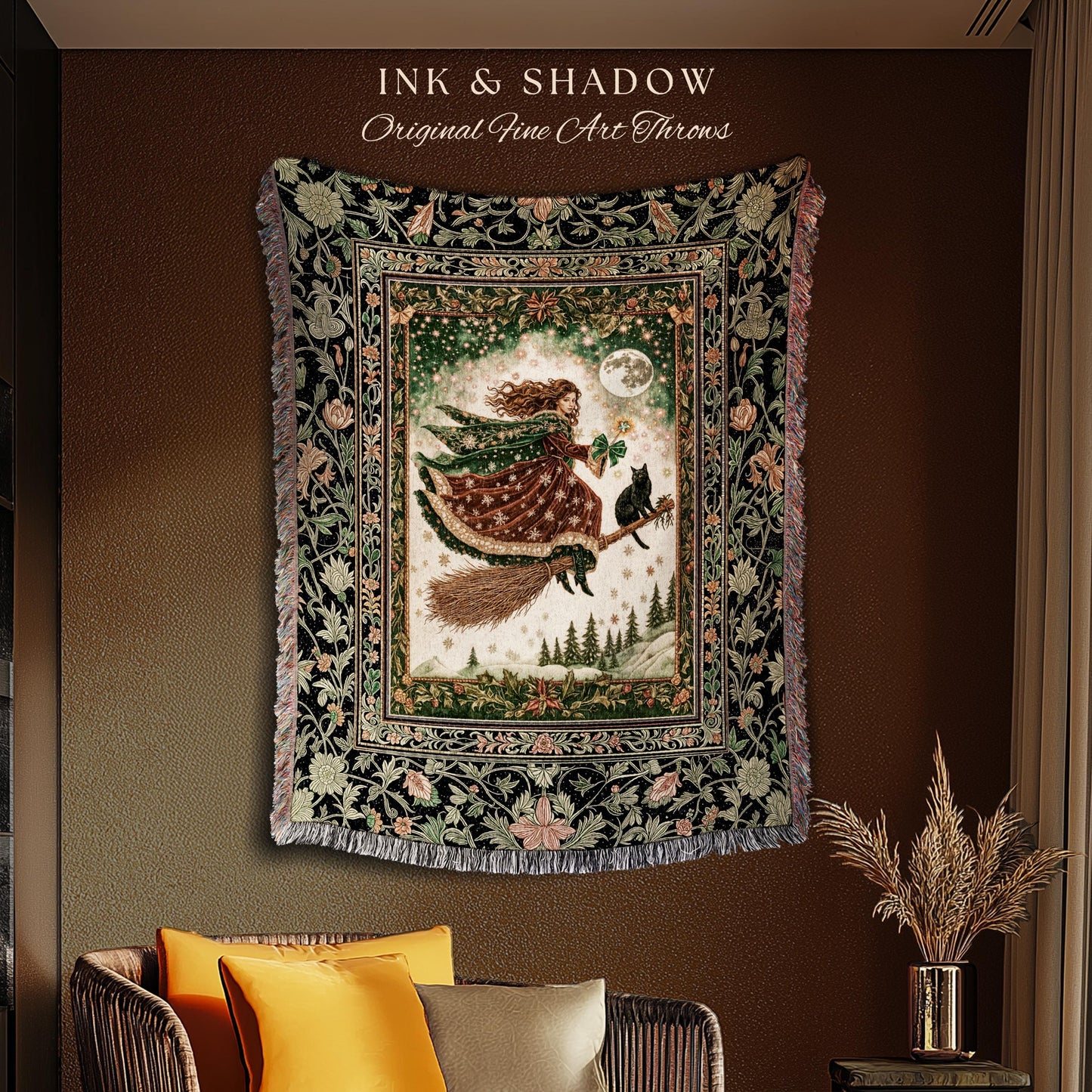 Holiday Witch Black Cat Blanket | Nostalgic Halloween Enchanted Cottagecore Decor Mystic Aesthetic Woven Wall Tapestry Gothic Elegance Throw