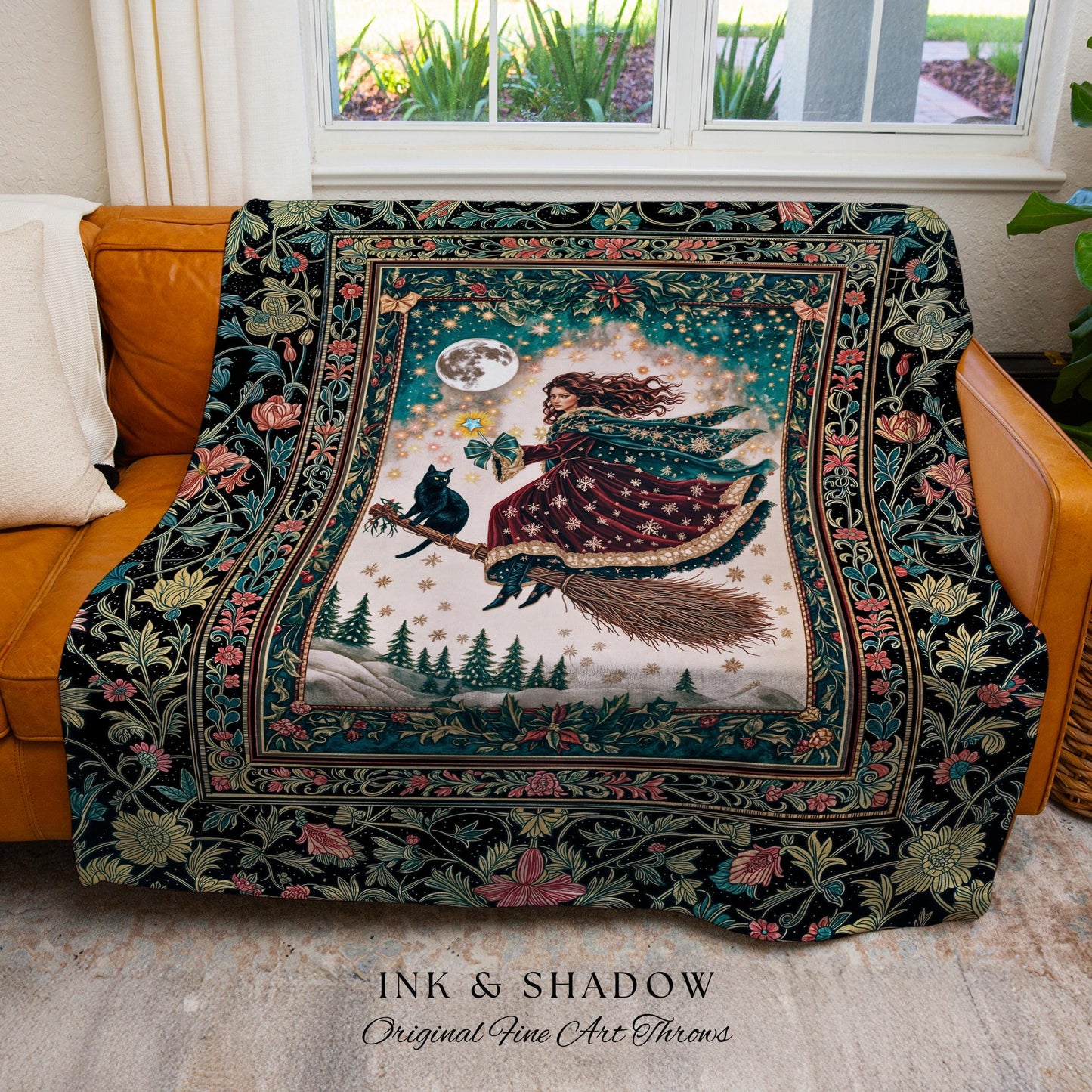 Snow Witch Celestial Woven Tapestry | Magical Black Cat Gothic Decor Broomstick Whimsigoth Magic Cottagecore Aesthetic Throw Blanket Mystic