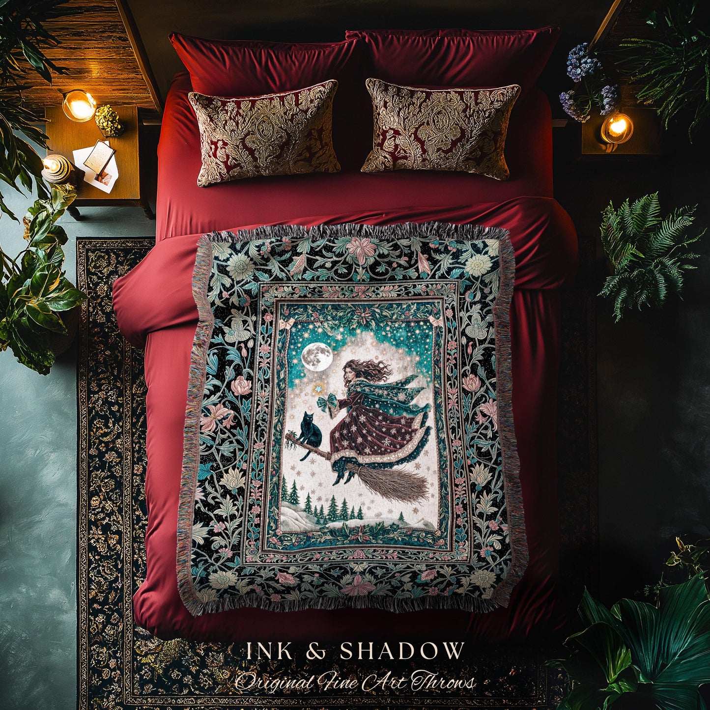 Snow Witch Celestial Woven Tapestry | Magical Black Cat Gothic Decor Broomstick Whimsigoth Magic Cottagecore Aesthetic Throw Blanket Mystic