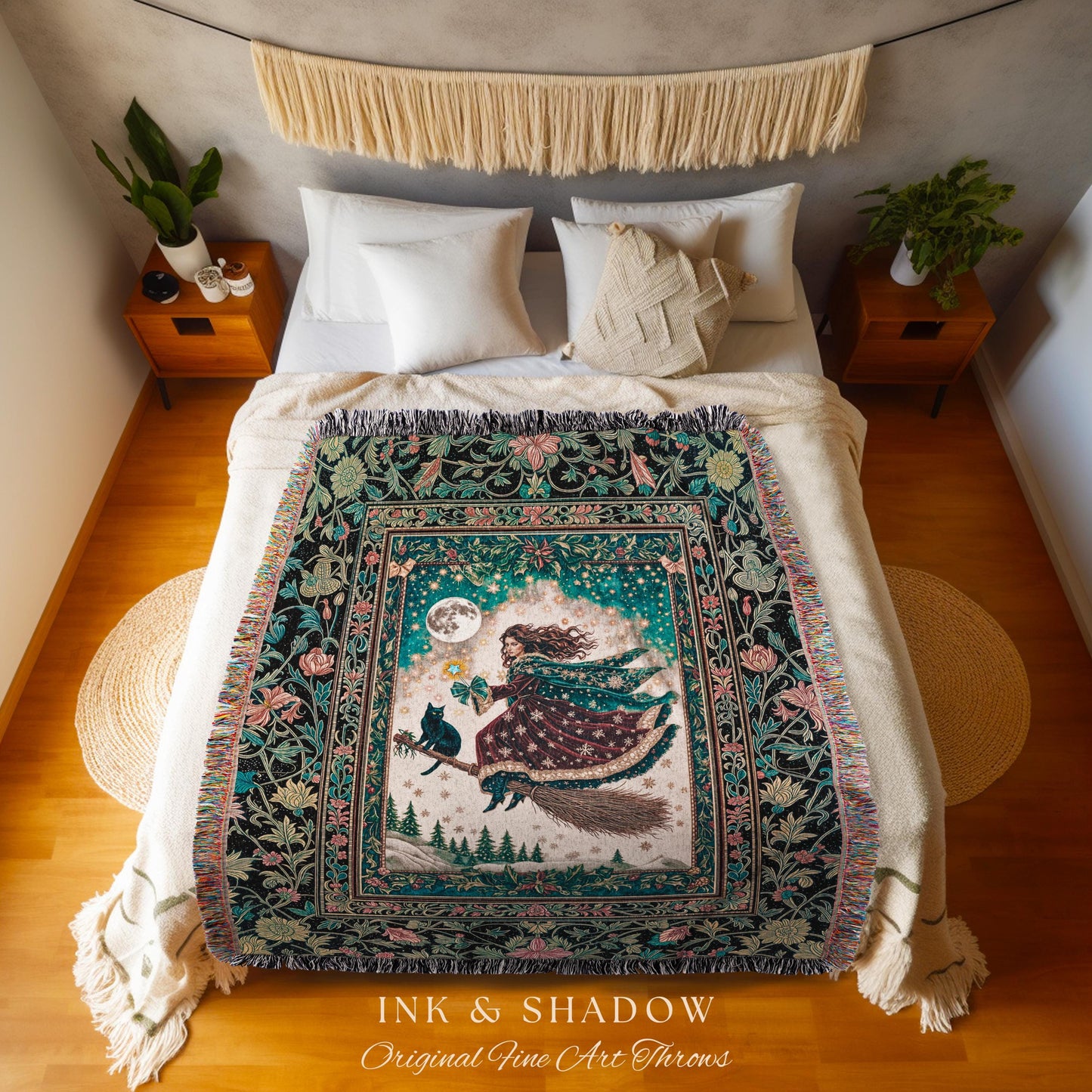 Snow Witch Celestial Woven Tapestry | Magical Black Cat Gothic Decor Broomstick Whimsigoth Magic Cottagecore Aesthetic Throw Blanket Mystic