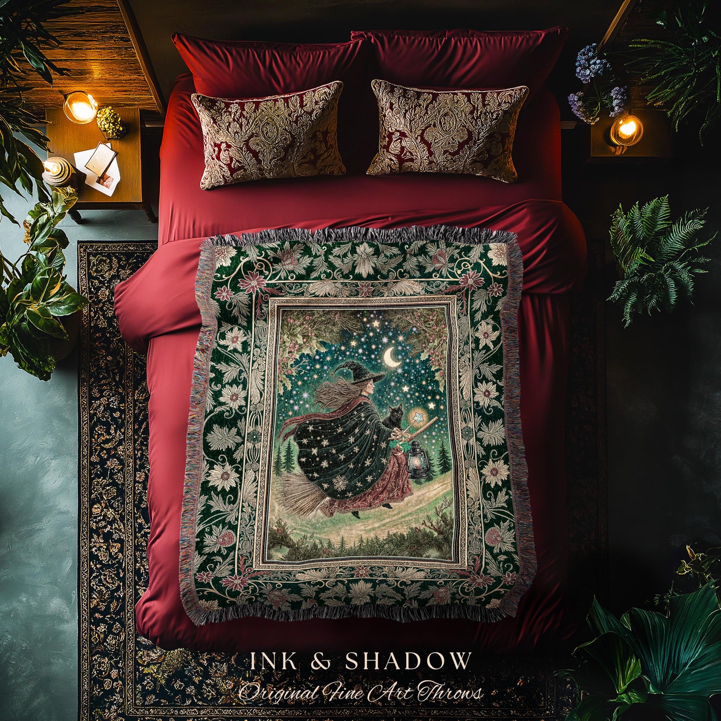 Autumn Witch Starry Celestial Tapestry | Gothic Decor Bewitched Black Cat Magic Cottagecore Style Enchanted Woven Throw Blanket Whimsical |