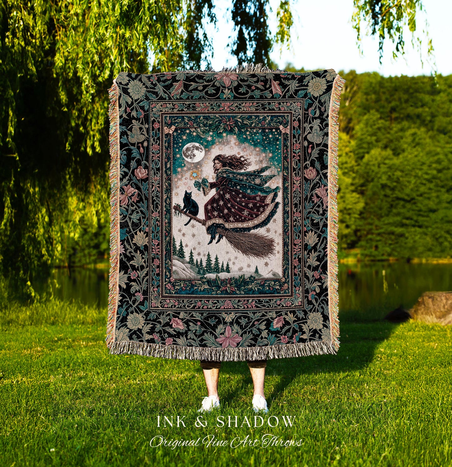 Snow Witch Celestial Woven Tapestry | Magical Black Cat Gothic Decor Broomstick Whimsigoth Magic Cottagecore Aesthetic Throw Blanket Mystic