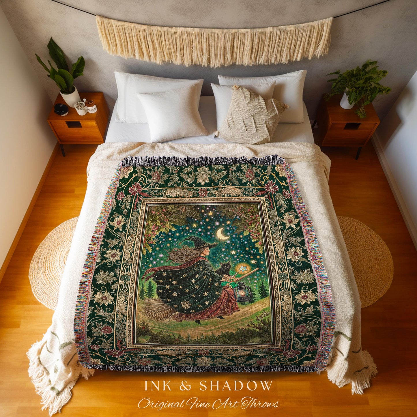 Autumn Witch Starry Celestial Tapestry | Gothic Decor Bewitched Black Cat Magic Cottagecore Style Enchanted Woven Throw Blanket Whimsical |