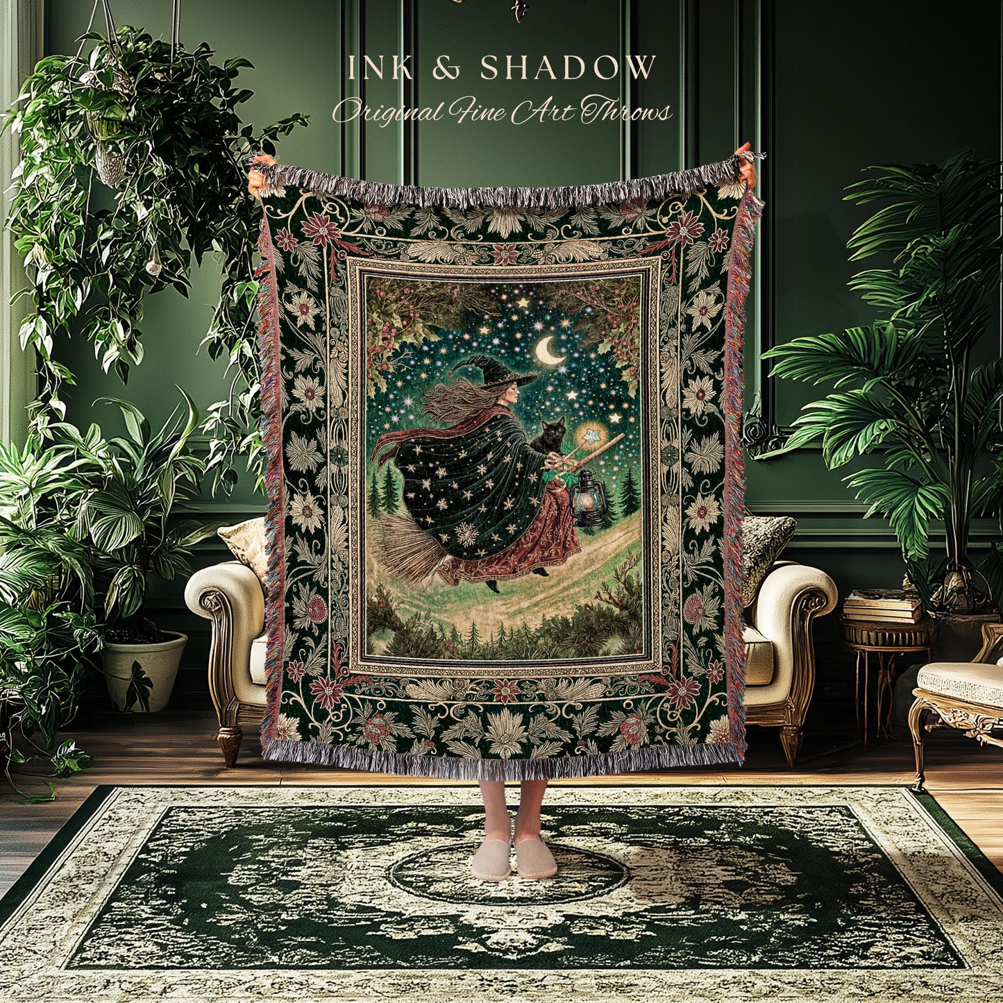 Autumn Witch Starry Celestial Tapestry | Gothic Decor Bewitched Black Cat Magic Cottagecore Style Enchanted Woven Throw Blanket Whimsical |