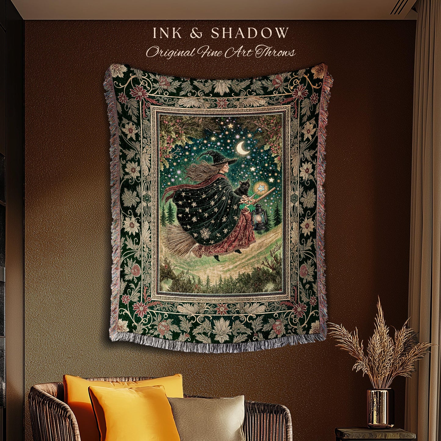Autumn Witch Starry Celestial Tapestry | Gothic Decor Bewitched Black Cat Magic Cottagecore Style Enchanted Woven Throw Blanket Whimsical |
