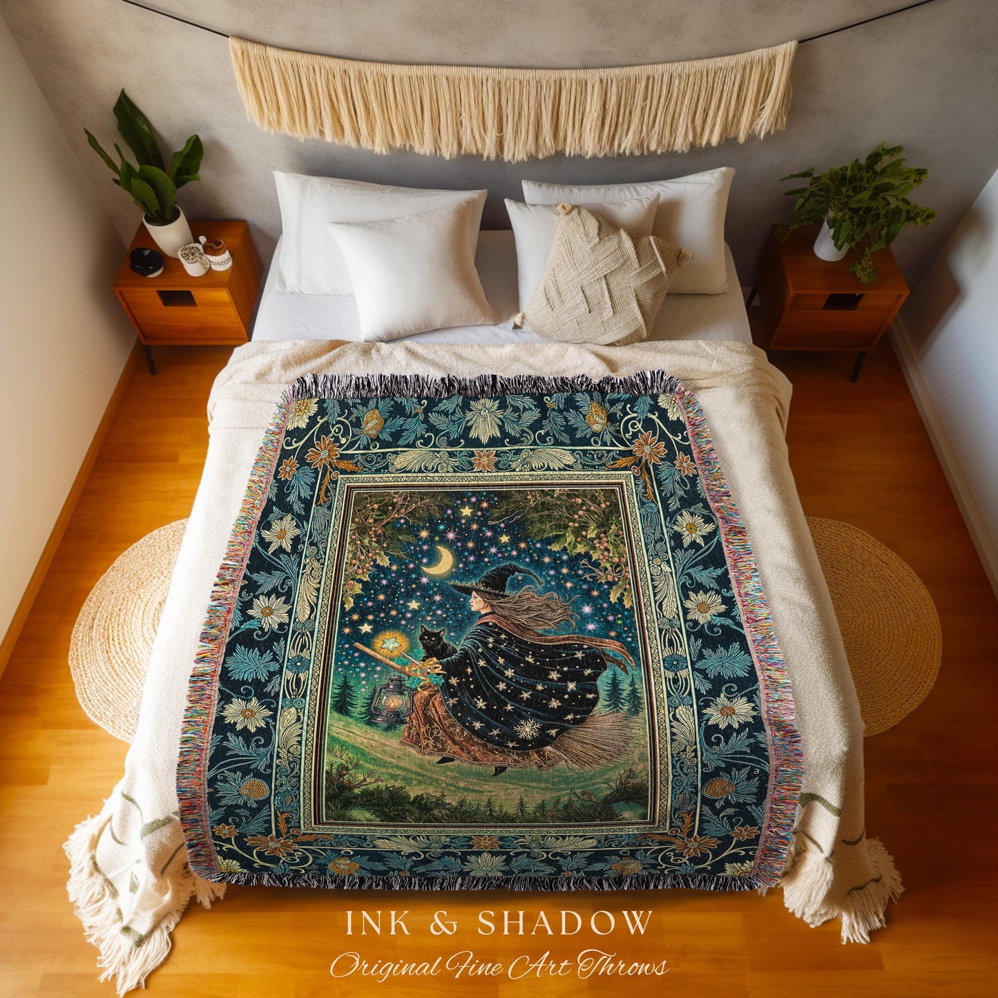 Nostalgic Storybook Witch Blanket | Gothic Woven Tapestry Enchanted Black Cat Magic Dark Academia Broomstick Moonlit Decor Throw Ethereal |