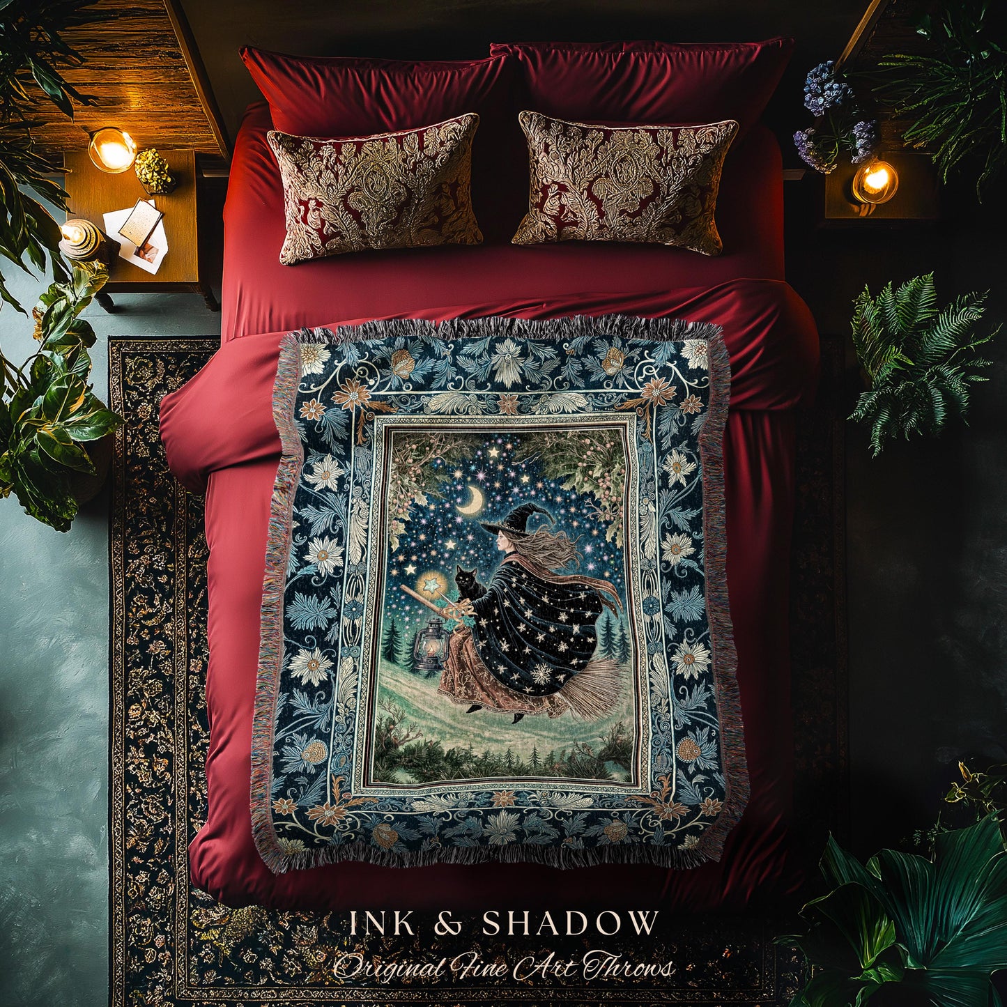 Nostalgic Storybook Witch Blanket | Gothic Woven Tapestry Enchanted Black Cat Magic Dark Academia Broomstick Moonlit Decor Throw Ethereal |