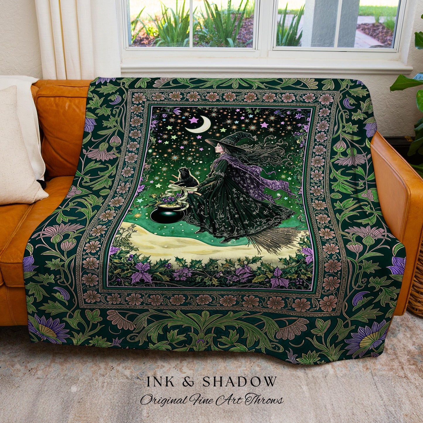Botanical Witch Flying Broomstick Throw | Whimsigoth Tapestry Blanket Gothic Cat Mystic Midnight Magic Aesthetic Green Sky Moonlight Decor