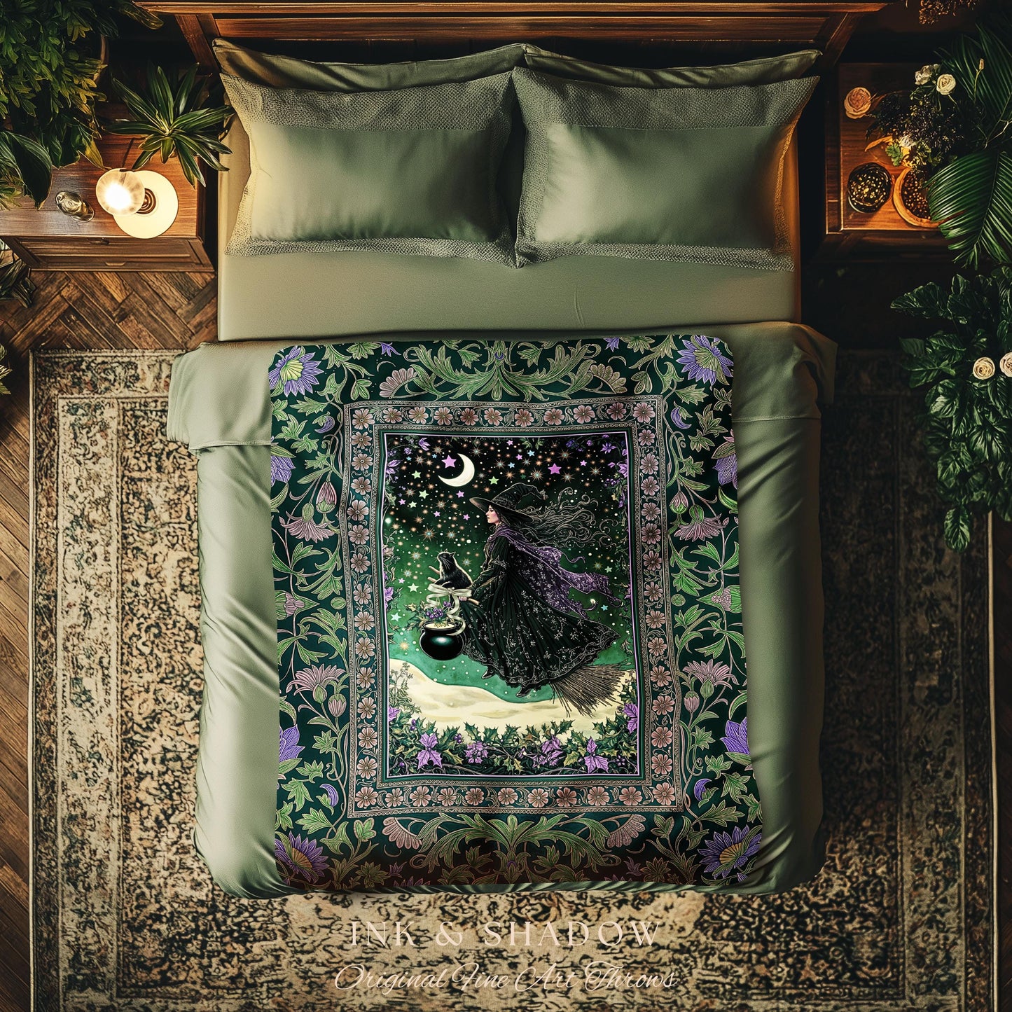 Botanical Witch Flying Broomstick Throw | Whimsigoth Tapestry Blanket Gothic Cat Mystic Midnight Magic Aesthetic Green Sky Moonlight Decor