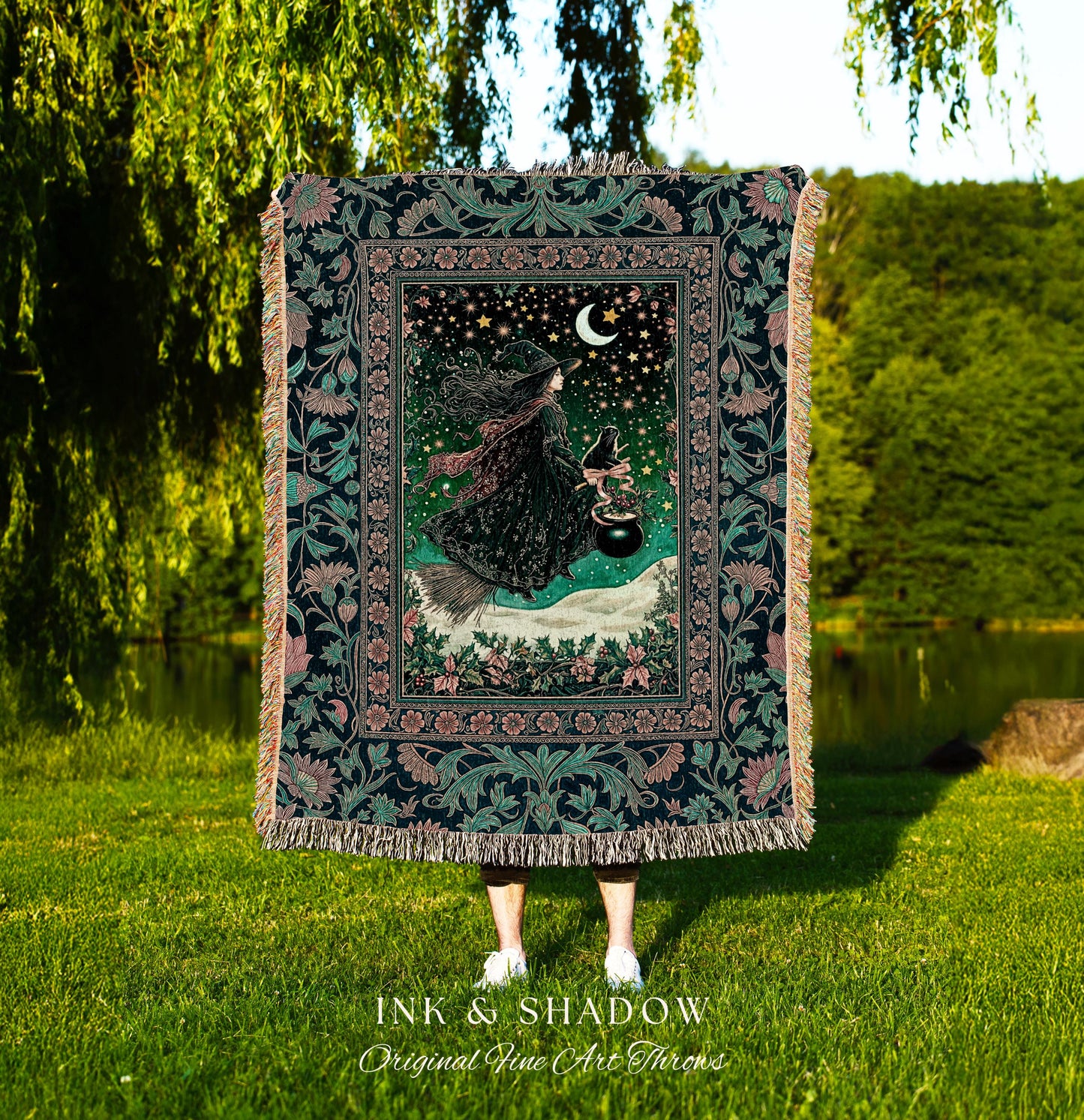 Magic Landscape Winter Witch Throw | Moonlit Ethereal Witchy Tapestry Blanket Decor Moon Black Cat Cat Whimsical Folklore Cottagecore Style