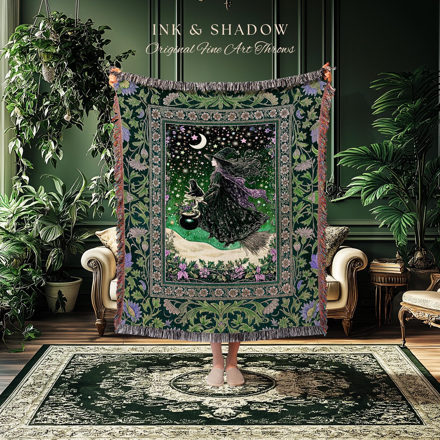 Botanical Witch Flying Broomstick Throw | Whimsigoth Tapestry Blanket Gothic Cat Mystic Midnight Magic Aesthetic Green Sky Moonlight Decor