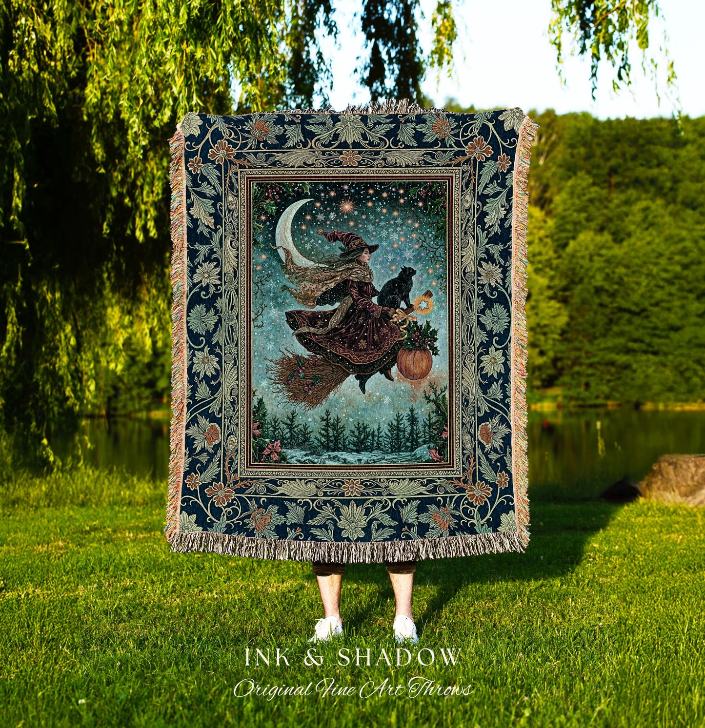 Pumpkin Witch Winter Wall Tapestry | Mystical Gothic Decor Black Cat Broomstick Spooky Season Botanical Moon Stars Winter Whimsigoth Style |