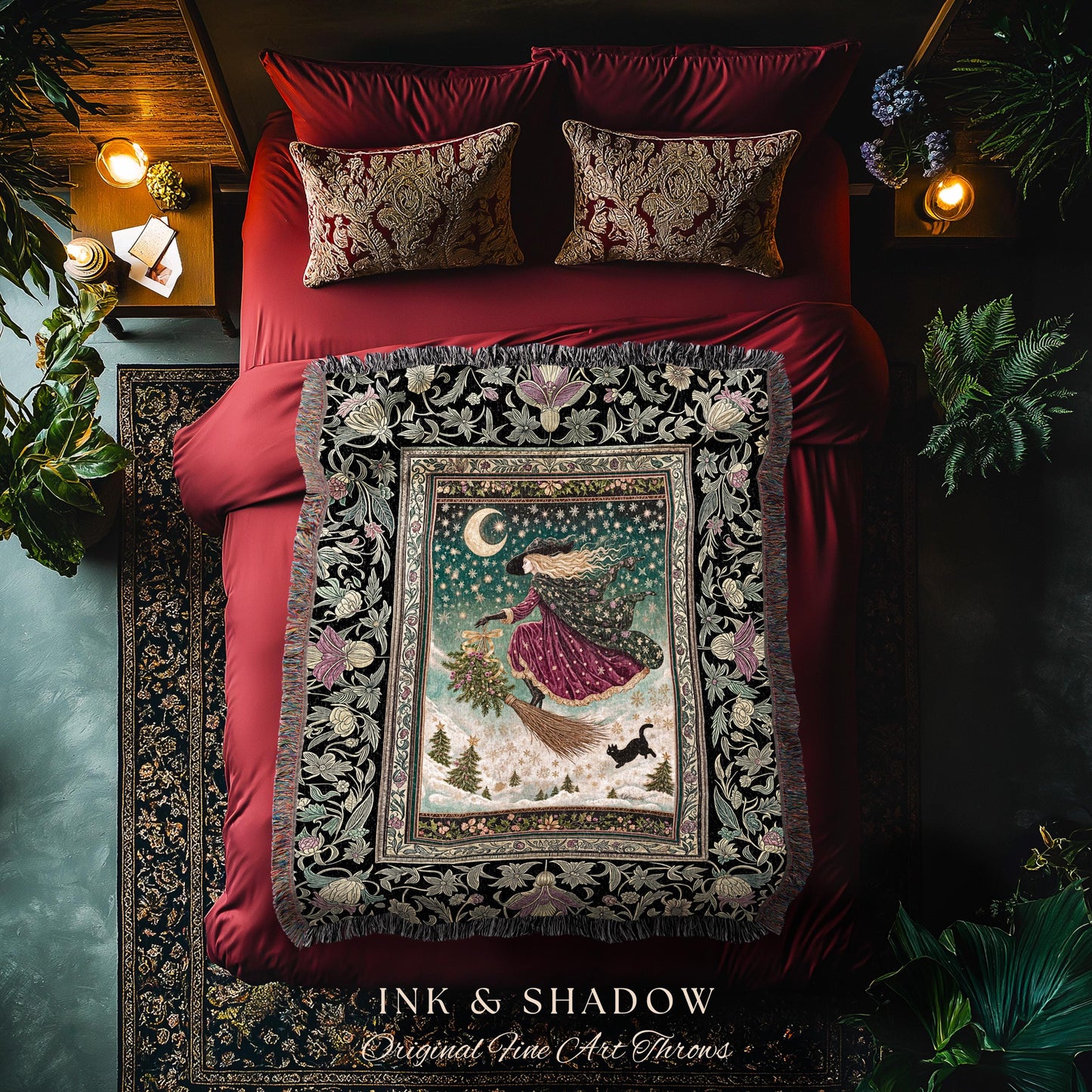 Snowy Moonlit Night Witchy Tapestry | Celestial Cat Gothic Decor Broomstick Ride Whimsigoth Magic Cottagecore Folk Aesthetic Throw Blanket