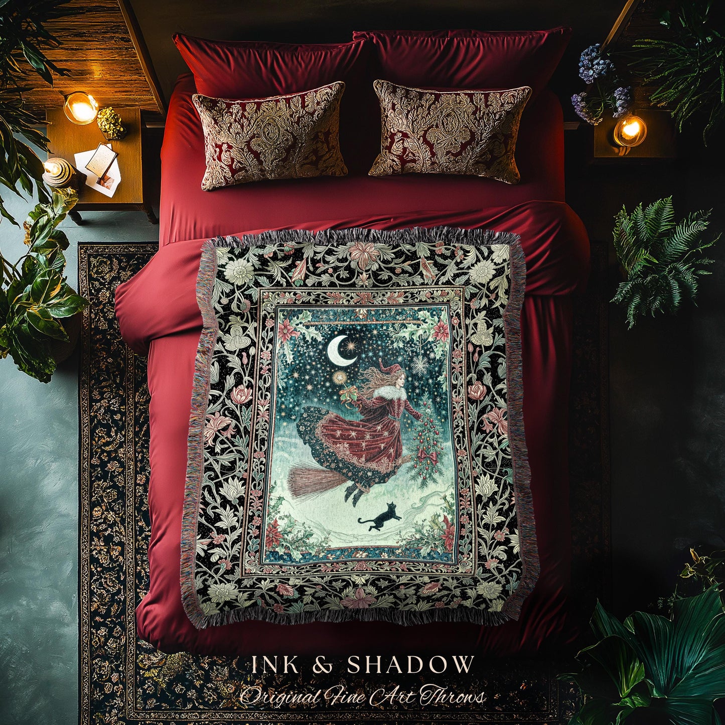 Wonderland Witch Boho Throw Blanket | Mystic Gothic Art Black Cat Folk Magic Broomstick Whimsigoth Cottagecore Woven Tapestry Moon Stars |