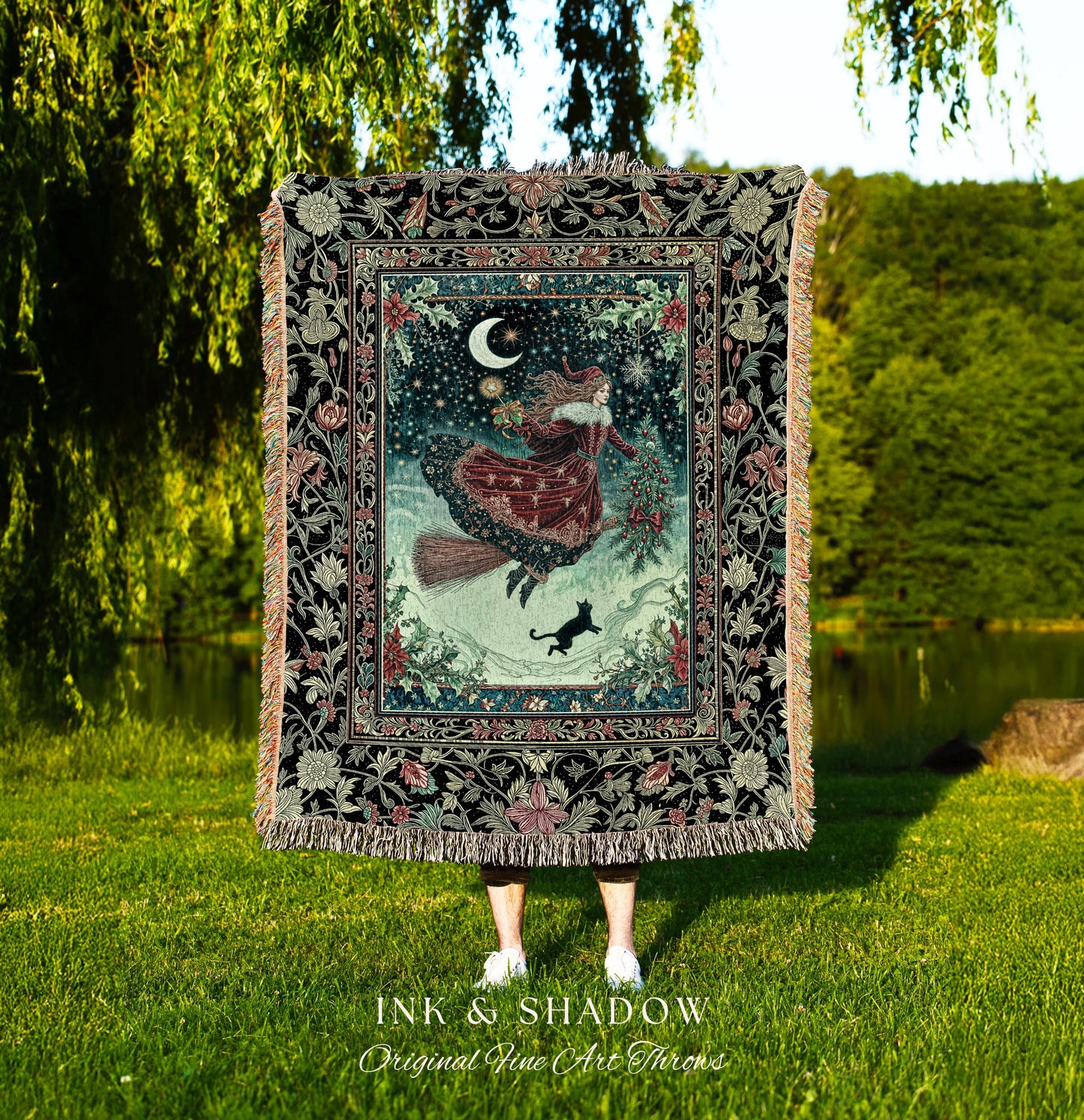 Wonderland Witch Boho Throw Blanket | Mystic Gothic Art Black Cat Folk Magic Broomstick Whimsigoth Cottagecore Woven Tapestry Moon Stars |