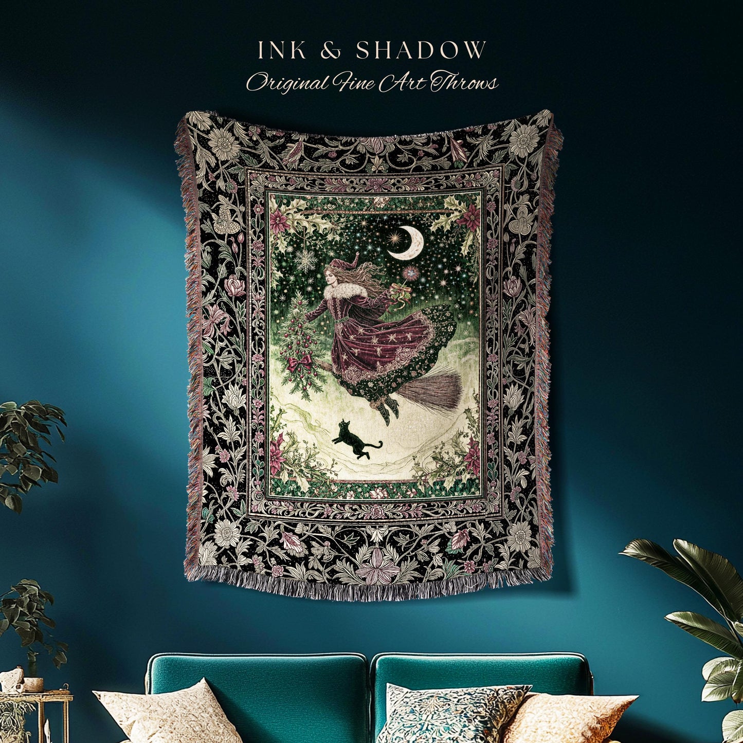 Snowy Magic Celestial Witch Blanket | Gothic Magic Black Cat Woven Tapestry Broomstick Ride Moon Stars Botanical Frame Mystical Folklore Art