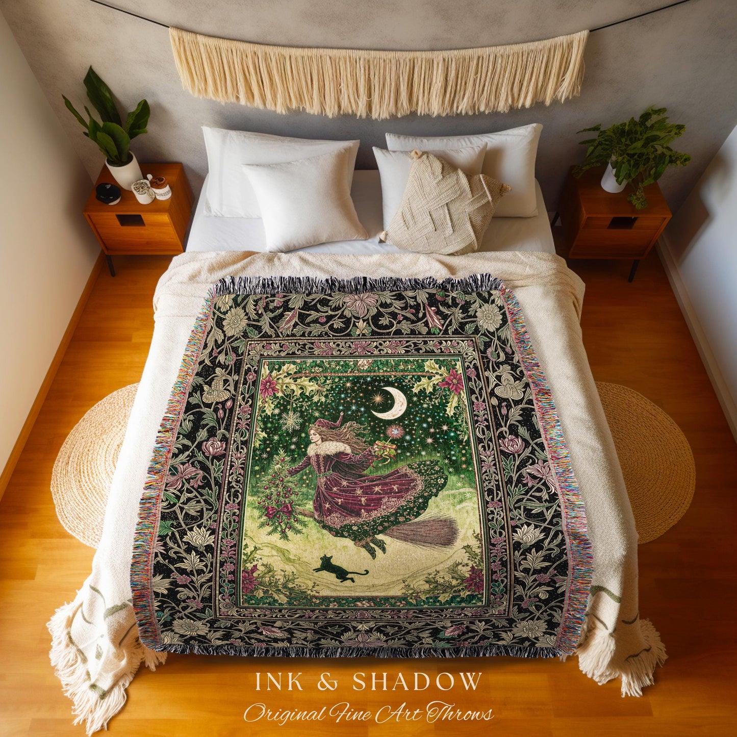 Snowy Magic Celestial Witch Blanket | Gothic Magic Black Cat Woven Tapestry Broomstick Ride Moon Stars Botanical Frame Mystical Folklore Art