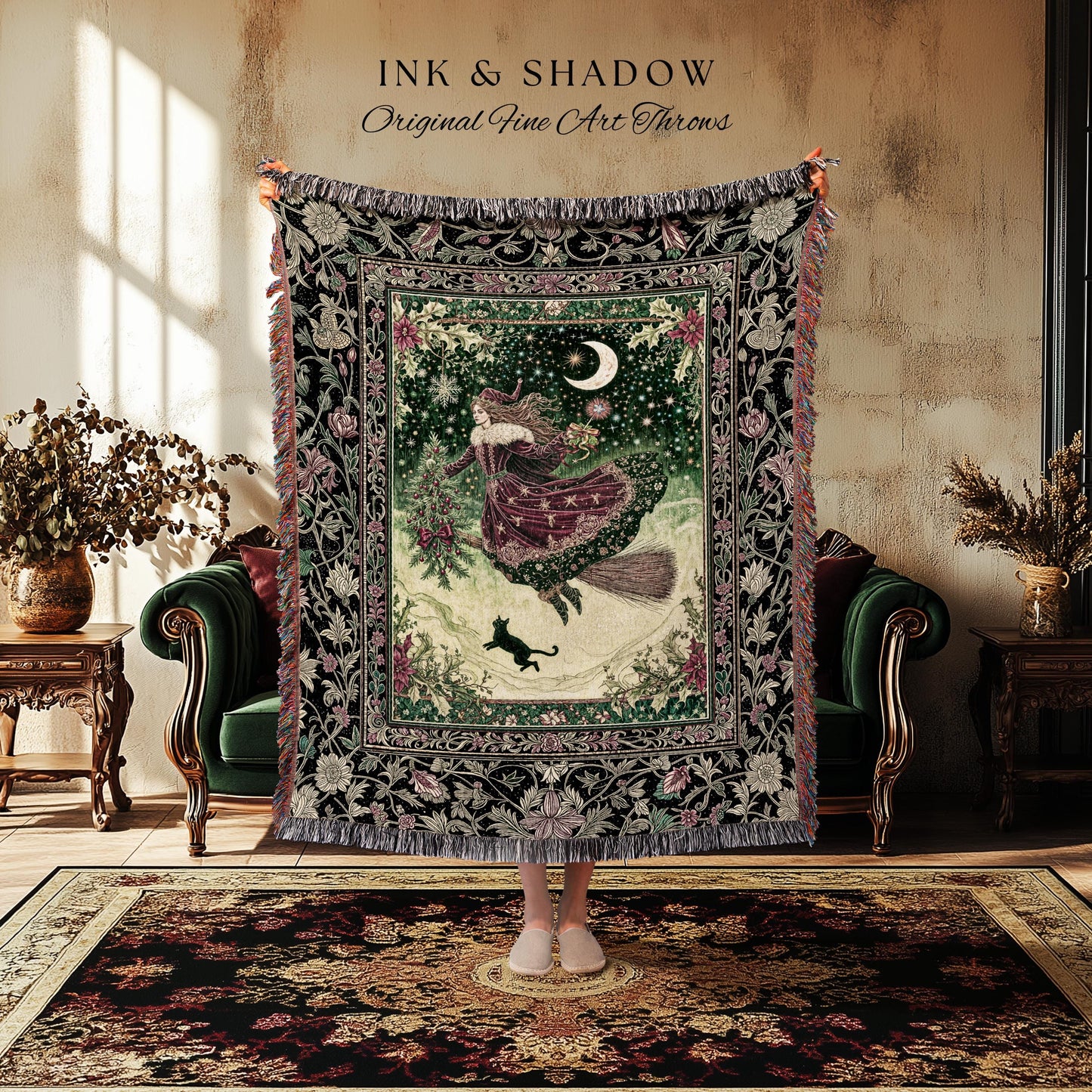 Snowy Magic Celestial Witch Blanket | Gothic Magic Black Cat Woven Tapestry Broomstick Ride Moon Stars Botanical Frame Mystical Folklore Art