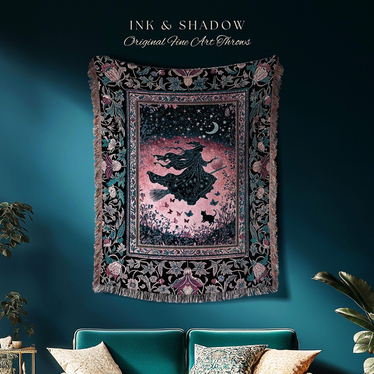 Moody Magenta Witch Silhouette Blanket | Whimsigoth Aesthetic Flying Broomstick Black Cat Halloween Moon Magic Night Gothic Folklore Art |