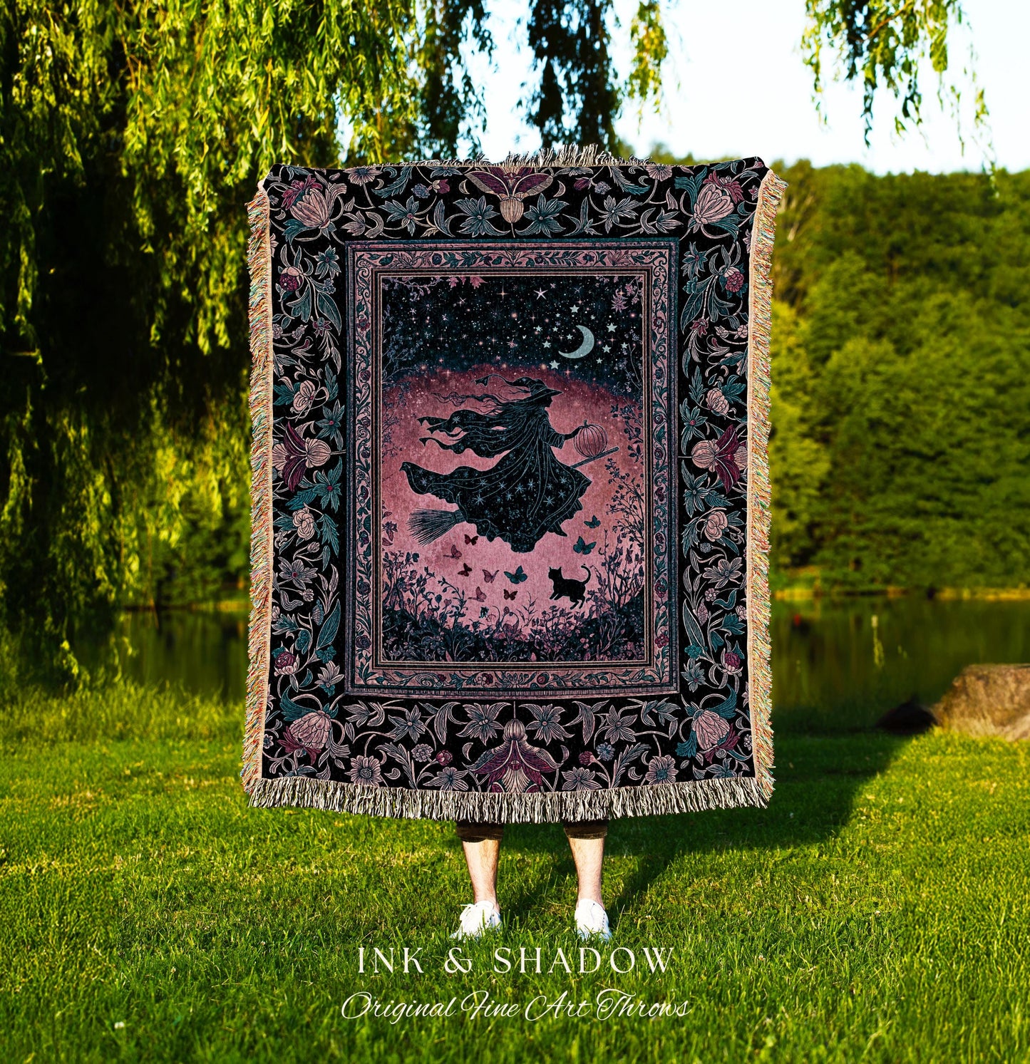 Moody Magenta Witch Silhouette Blanket | Whimsigoth Aesthetic Flying Broomstick Black Cat Halloween Moon Magic Night Gothic Folklore Art |