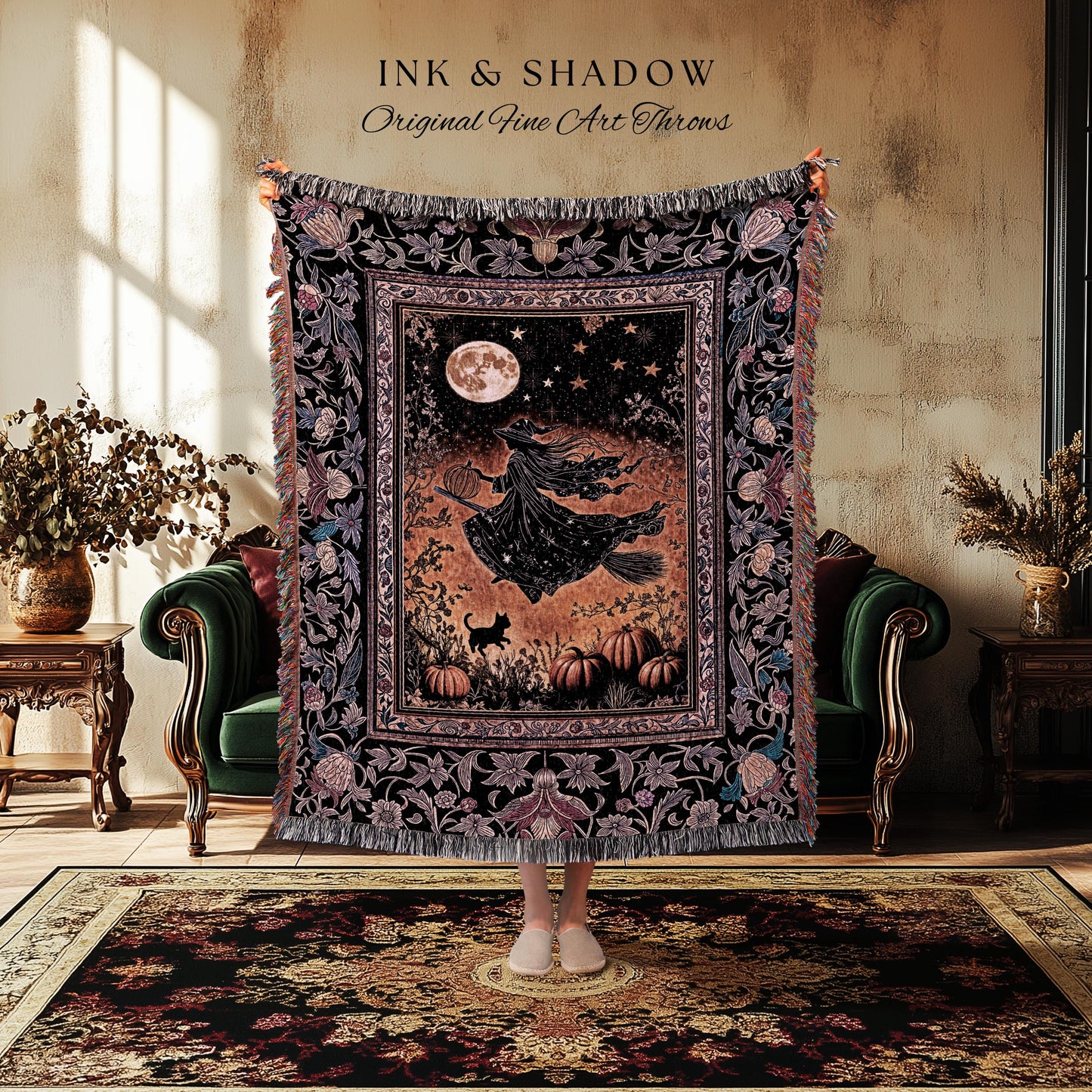 Harvest Moon Spooky Witch Woven Blanket | Enchanted Black Cat Moody Wall Tapestry Gothic Decor Folklore Aesthetic Celestial Night Whimsical