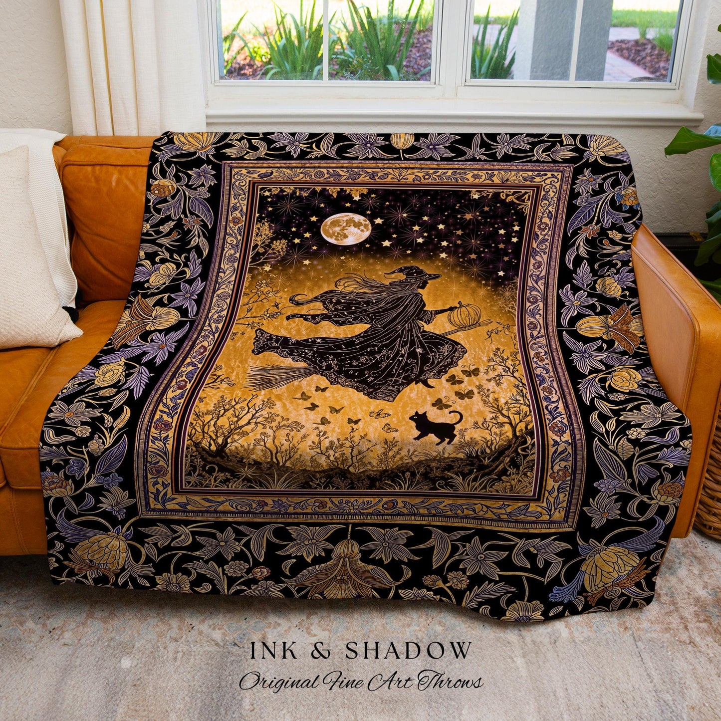 Golden Witch Autumn Throw Blanket | Moonlit Gothic Halloween Magic Decor Folklore Style Whimsigoth Night Sky Enchanted Woven Wall Tapestry