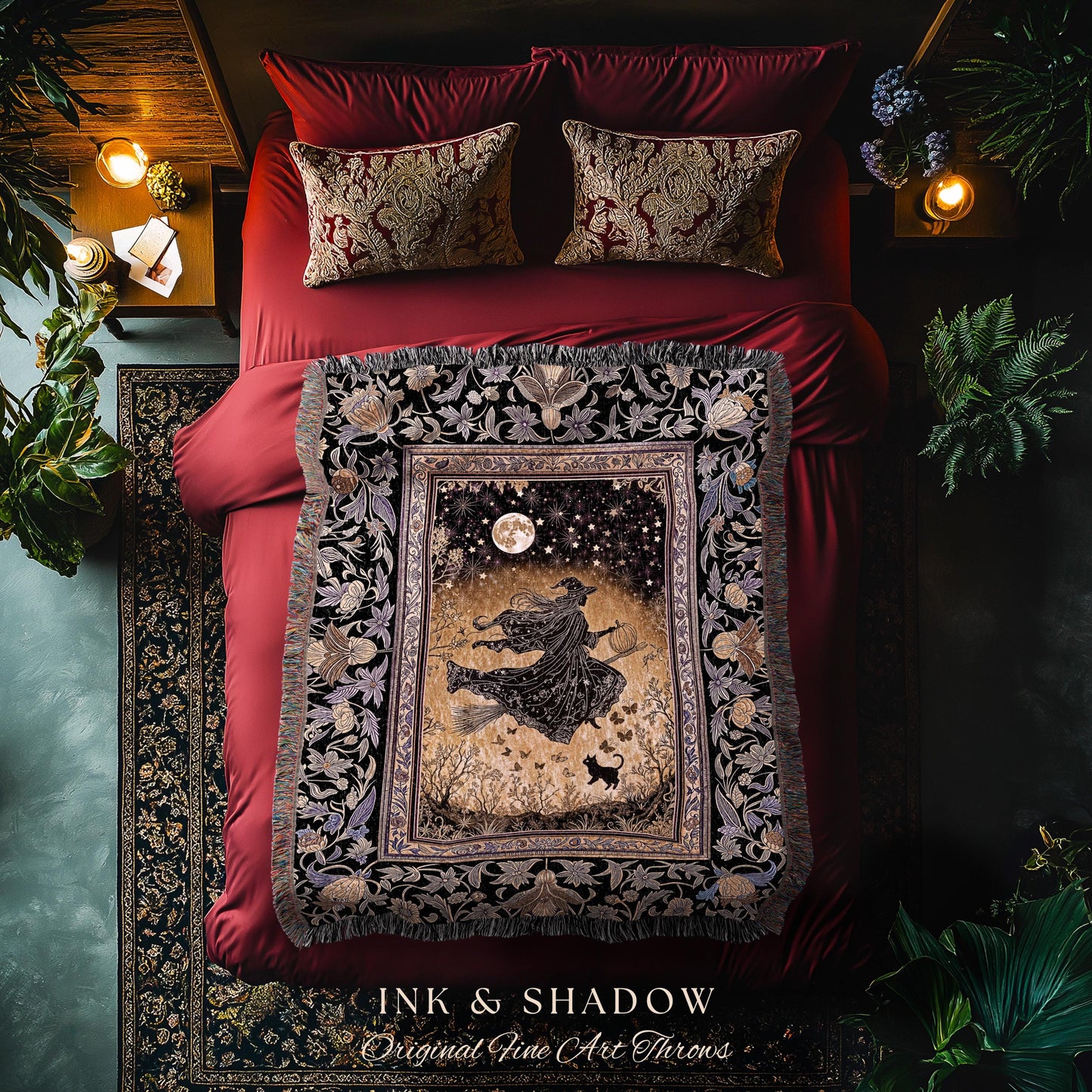 Golden Witch Autumn Throw Blanket | Moonlit Gothic Halloween Magic Decor Folklore Style Whimsigoth Night Sky Enchanted Woven Wall Tapestry